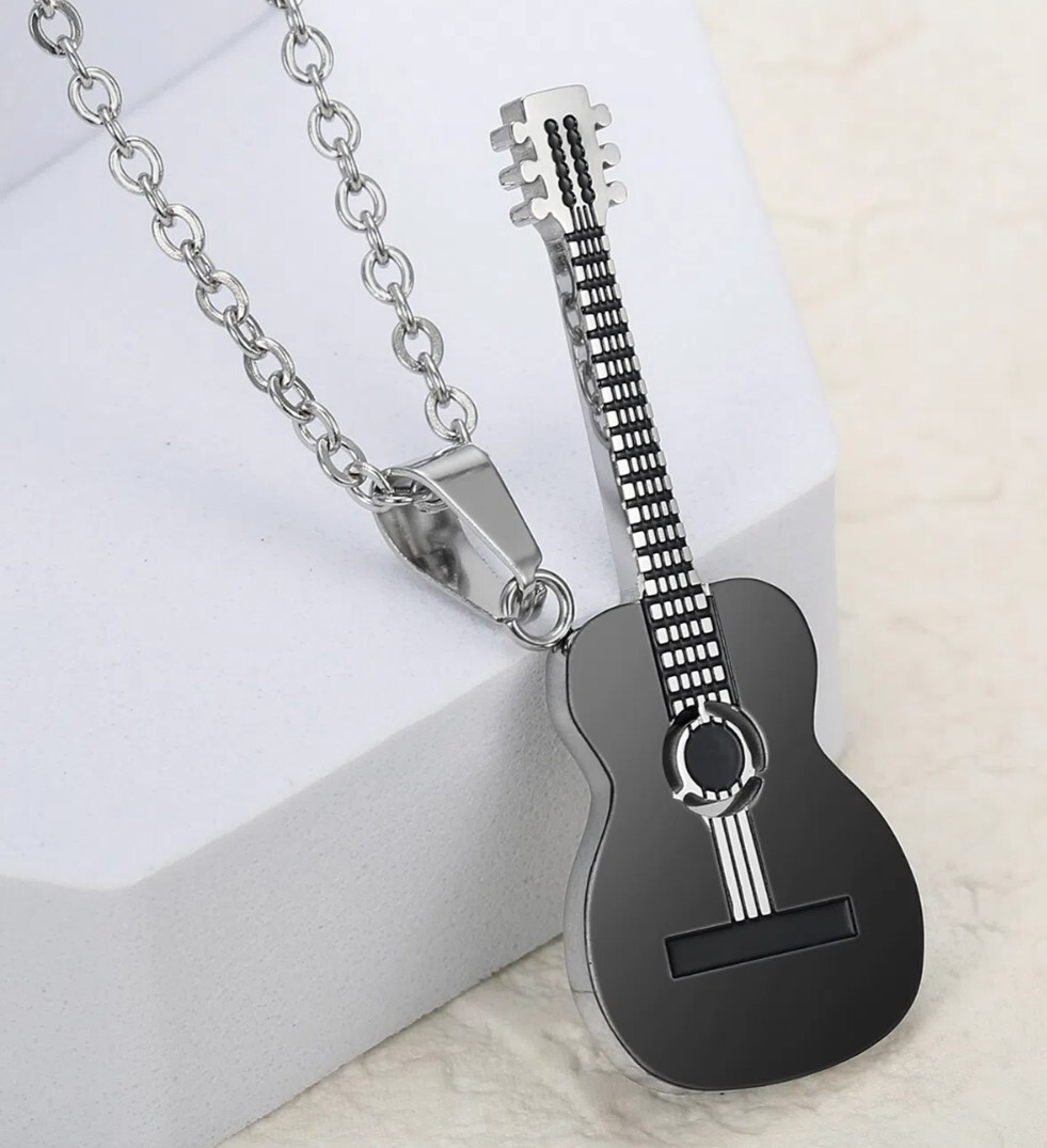 Silver Acoustic Guitar Pendant Chain Necklace Stainless Steel music rock Dad