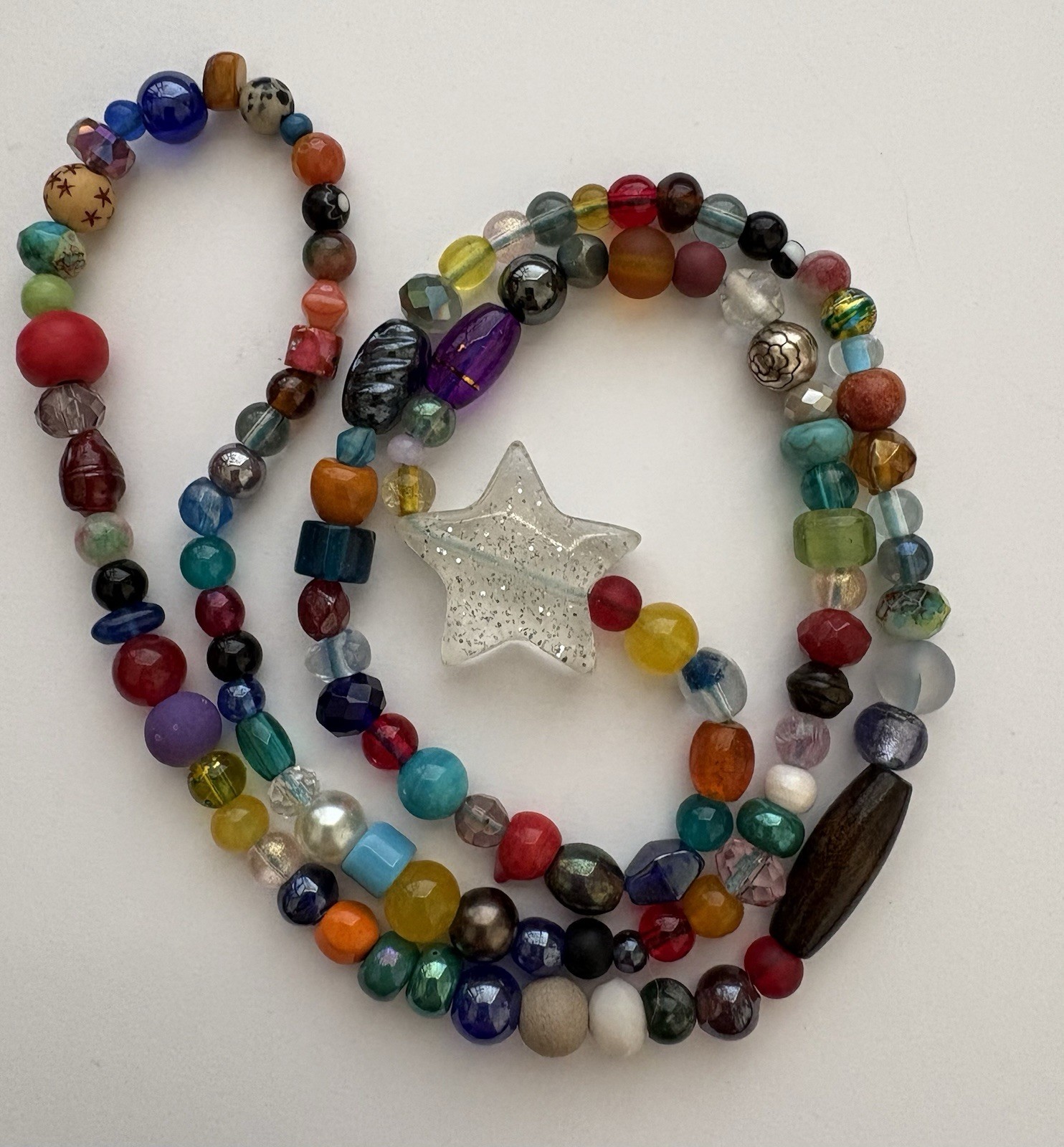Multi Colored Beaded Stone/ Wood/ Glass Resin Star Necklace