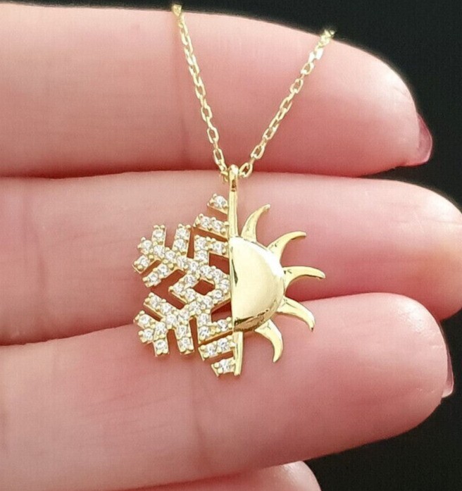 Stunning Snowflake & Sun Pendant Round Simulated Diamond 14k Yellow Gold Plated