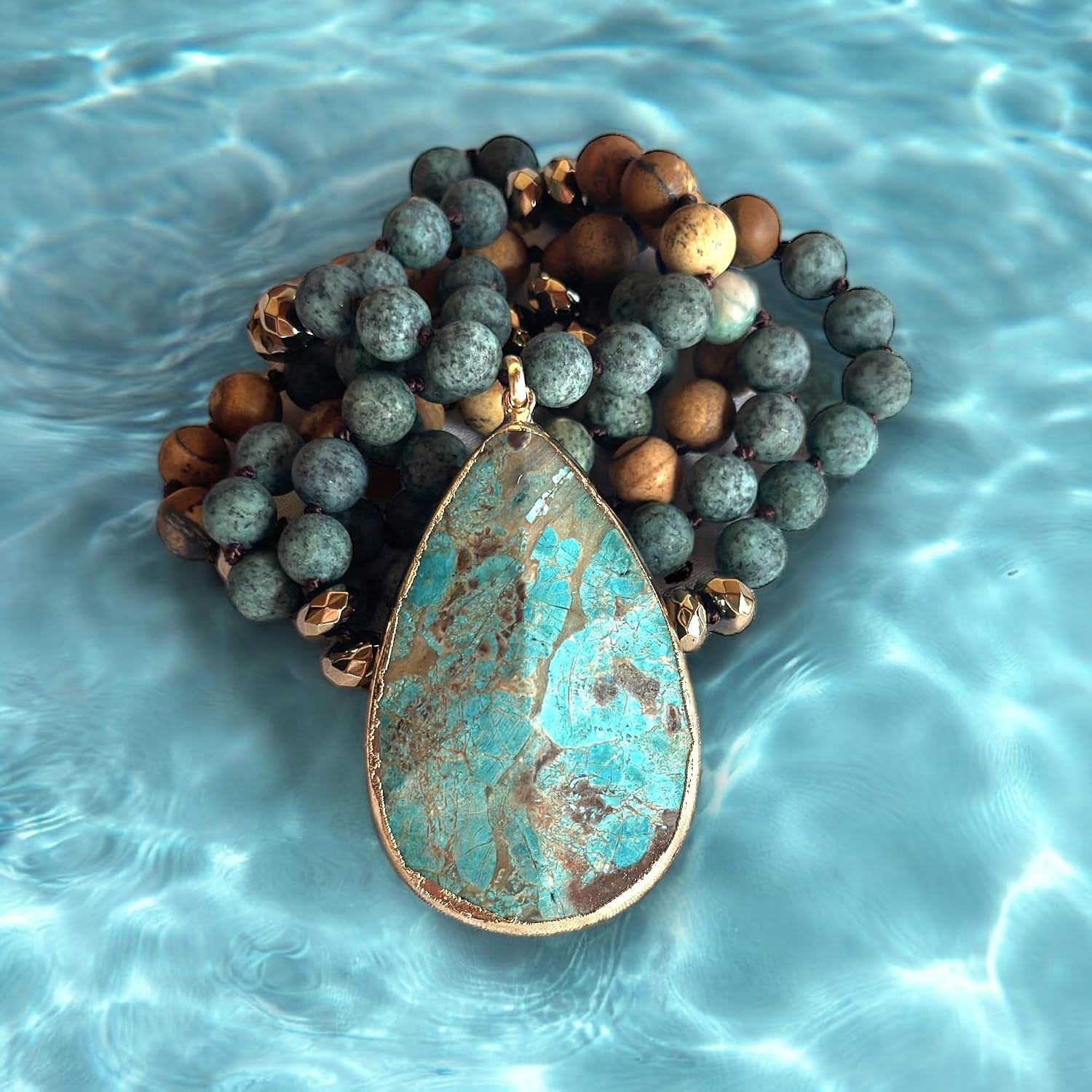 Unique Long Bead Necklace with Turquoise Green Stones & Large Natural Pendant