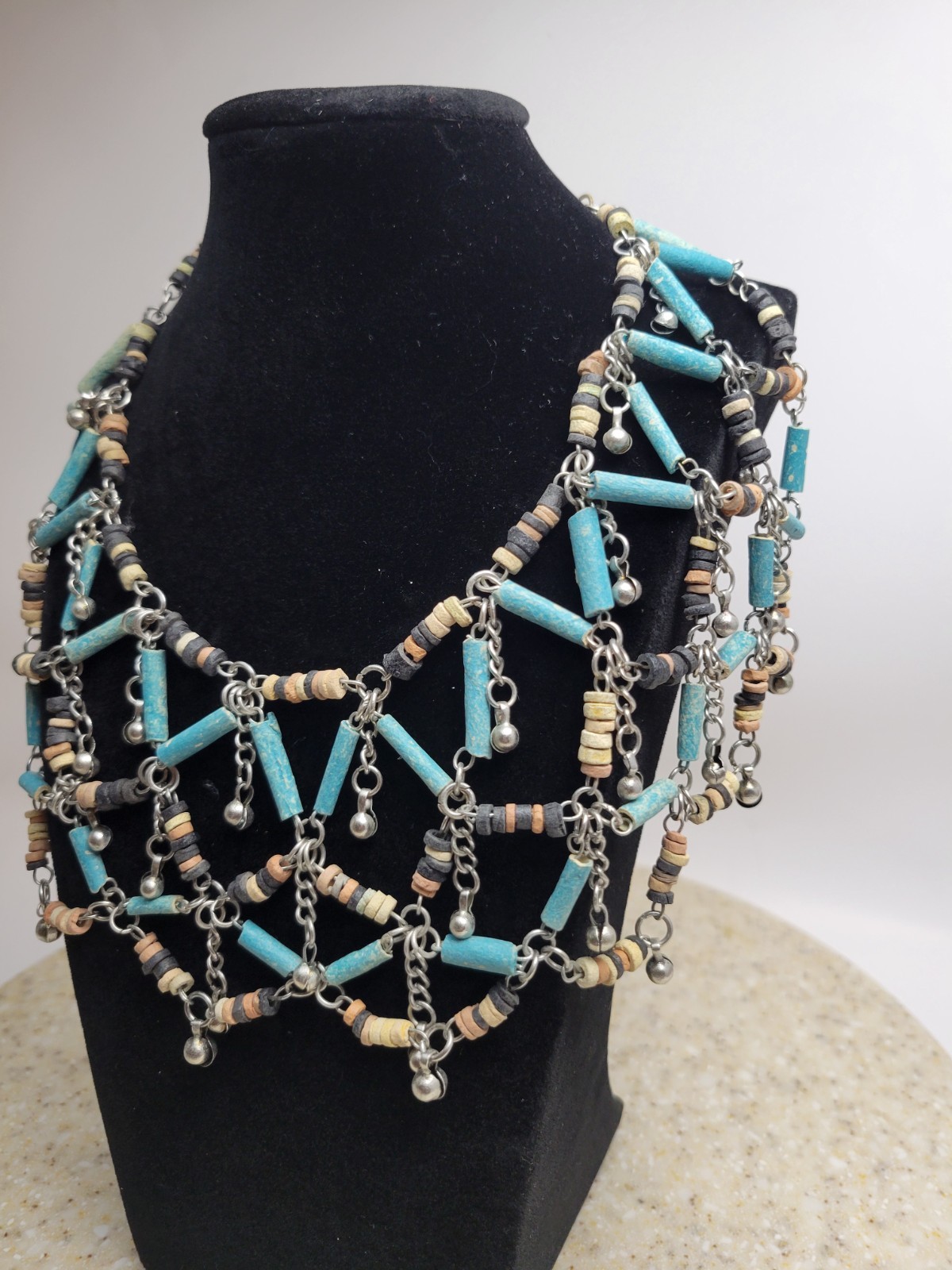 Boho Southwestern Style Multi-Strand Bib Necklace Turquoise Tan Gray Bead Web