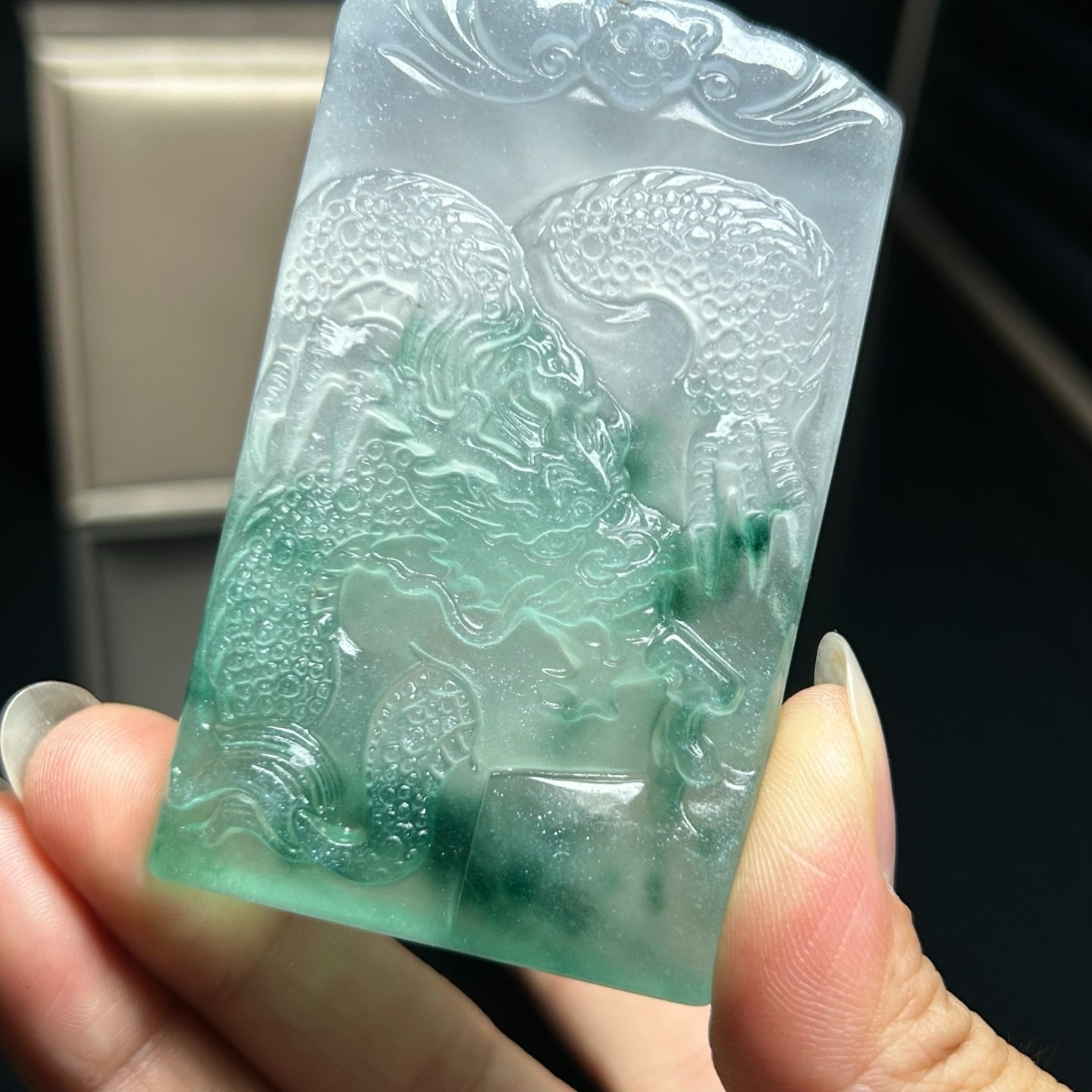 Nature ice green&white Burmese Jade Jadeite Carved dragon lucky Pendant&Necklace