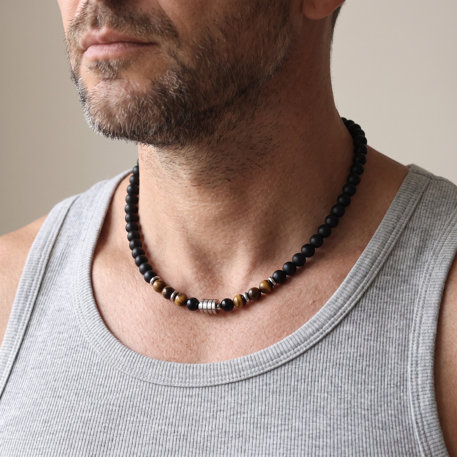 Mens Tiger Eye Black Beaded Necklace Stainless Steel OT Clasp Boho Healing Gift