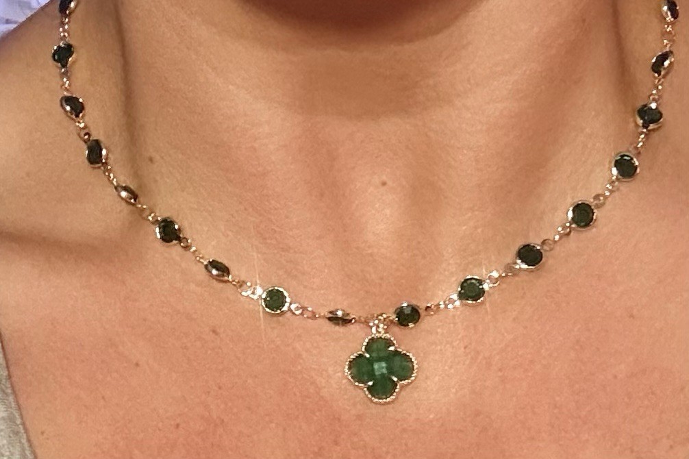 NEW 14K YG GP Over Sterling Emerald Green Stones Beautiful Necklace 18 Inches