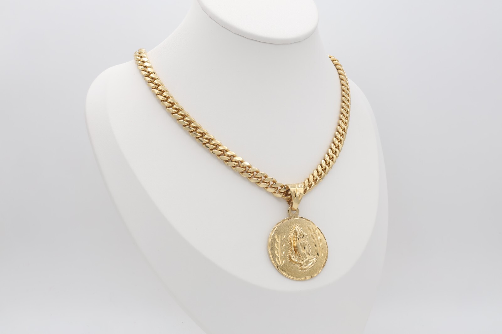 Gold Praying Hands Necklace, 7mm Curb Style Chain, 14k Heavy Plated Gold