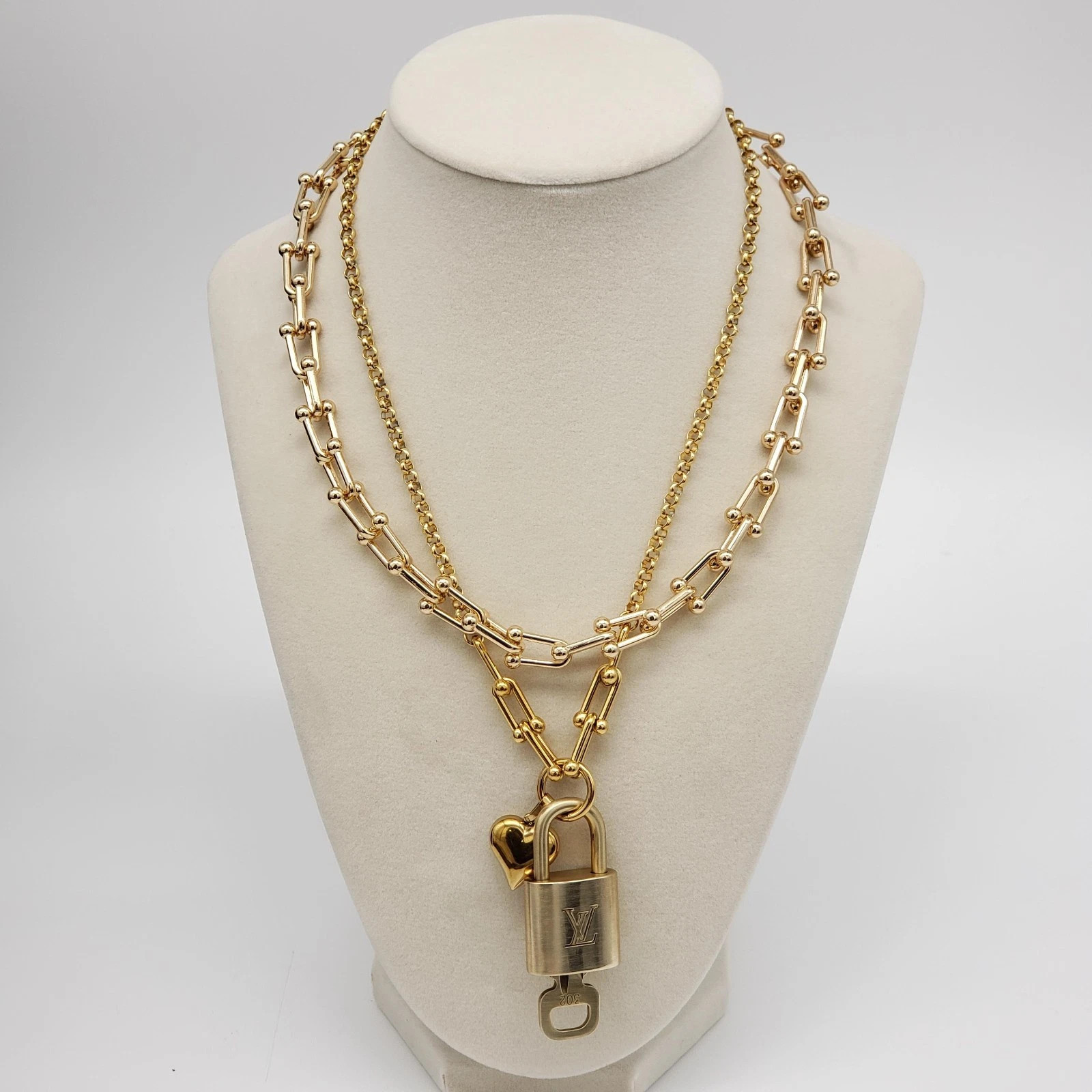 2 Stainless Gold Plated Necklace With Authentic Louis Vuitton Gold Lock Pendant