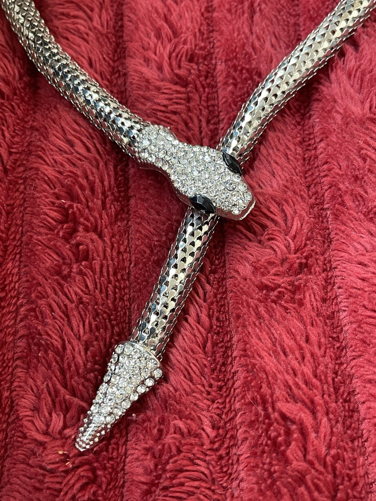Silver Tone Snake Mesh Chain Necklace, Pavé Crystal Rhinestones, 21 in