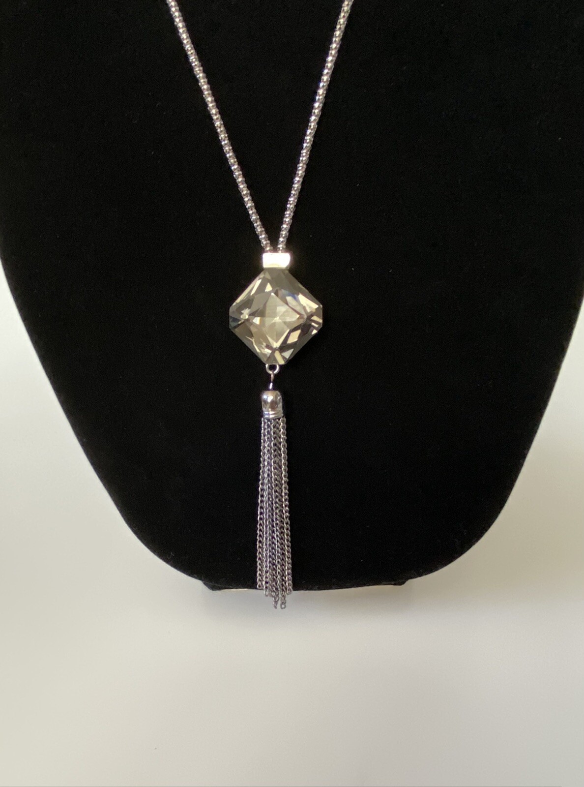 Cara N.Y. Necklace Crystal Glass Pendant Tussle 25”+ 3” Flaws