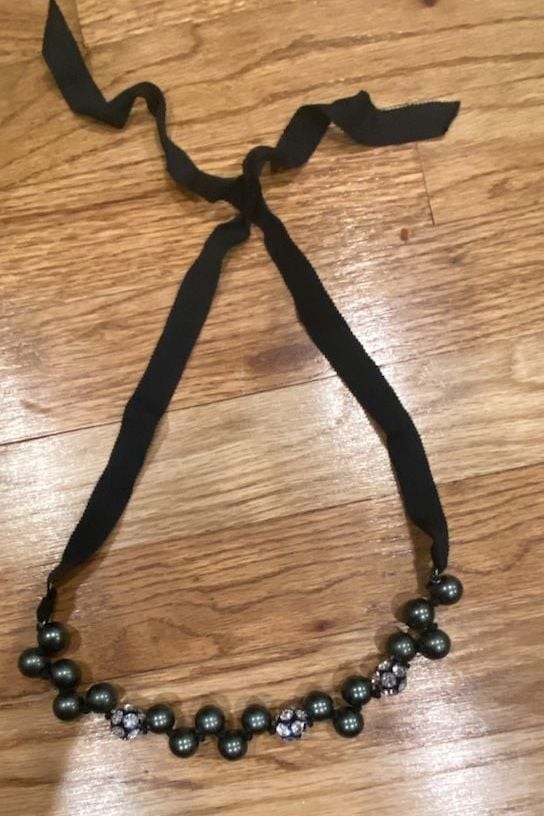J.Crew Beaded Ribbon Tie Necklace with Rhinestone and Pearl-like Beads
