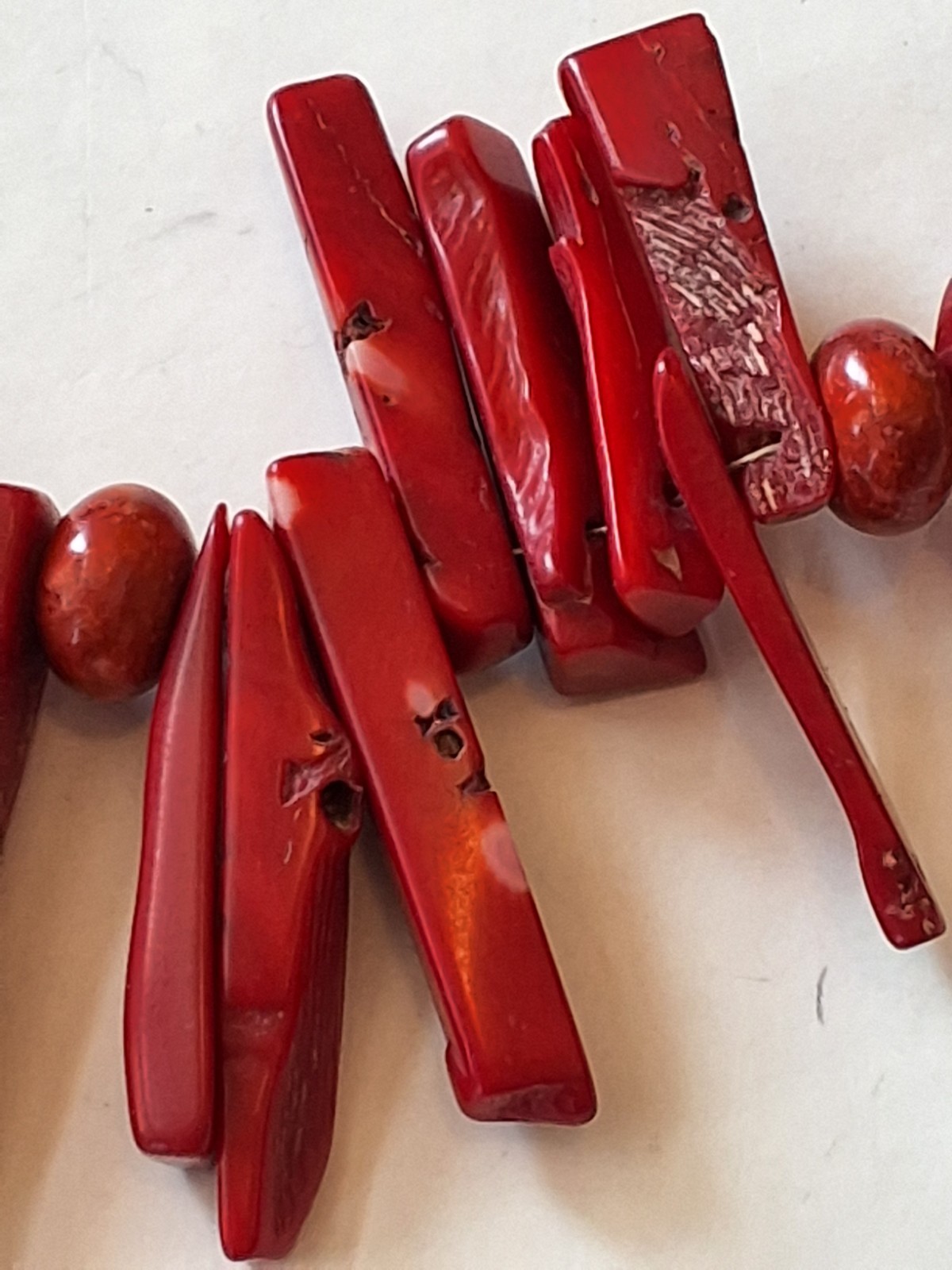 Vintage Dyed Red Coral Statement Stick Necklace, Plastic Bangle Bracelet.