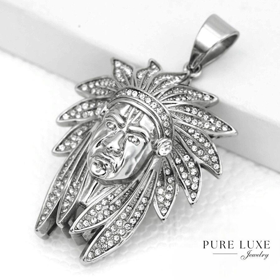 Men’s Stainless Steel Indians Cubic zirconia 48mm High Polish 3D Pendant BOX