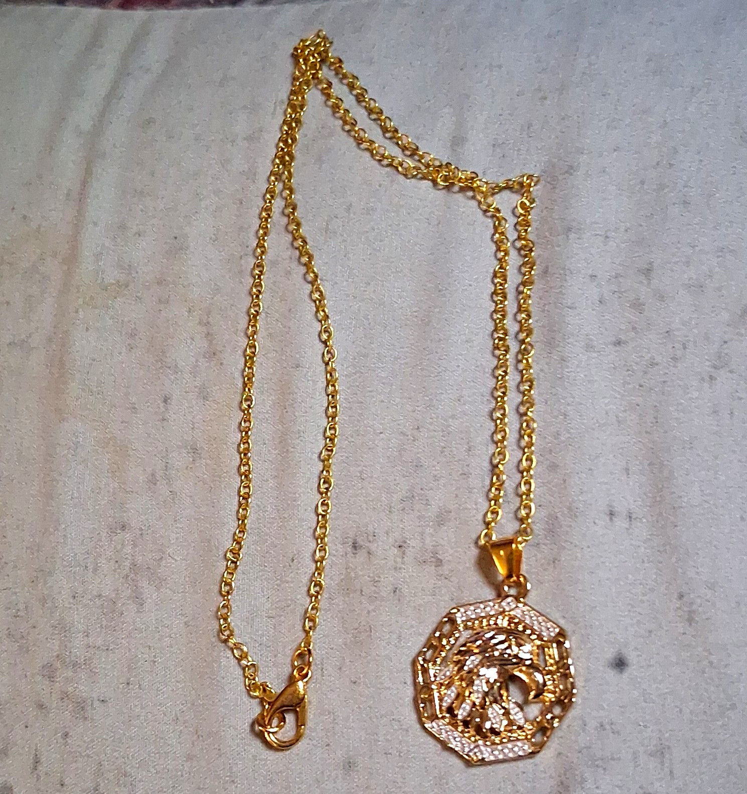 Gold Tone Cable Chain Necklace Octagon Eagle Charm Pendant Lobster Clasp