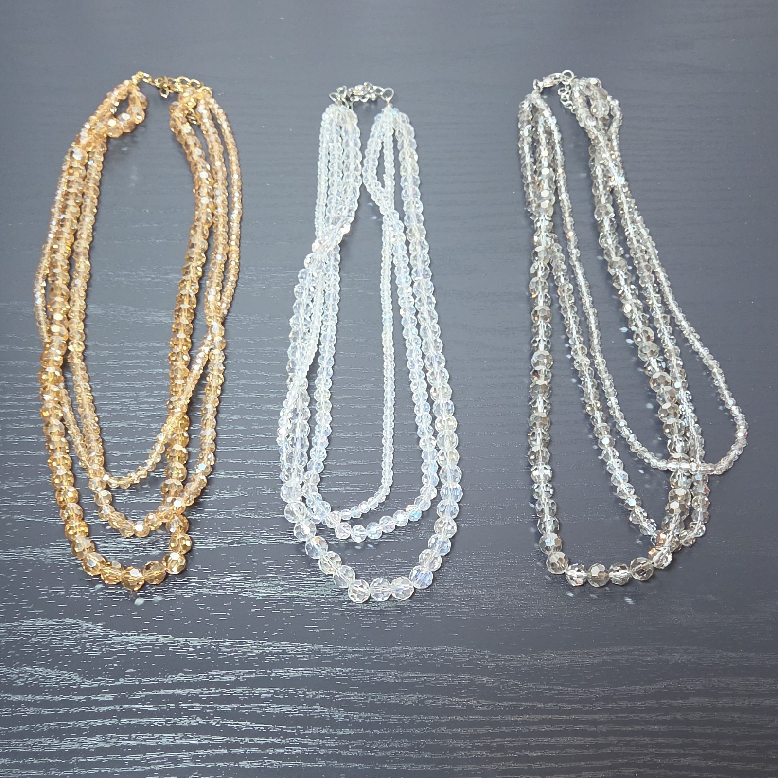 Lot of 3 Gold Tone Multi-Strand Beaded Necklaces Crystal & Glass Clear Gray