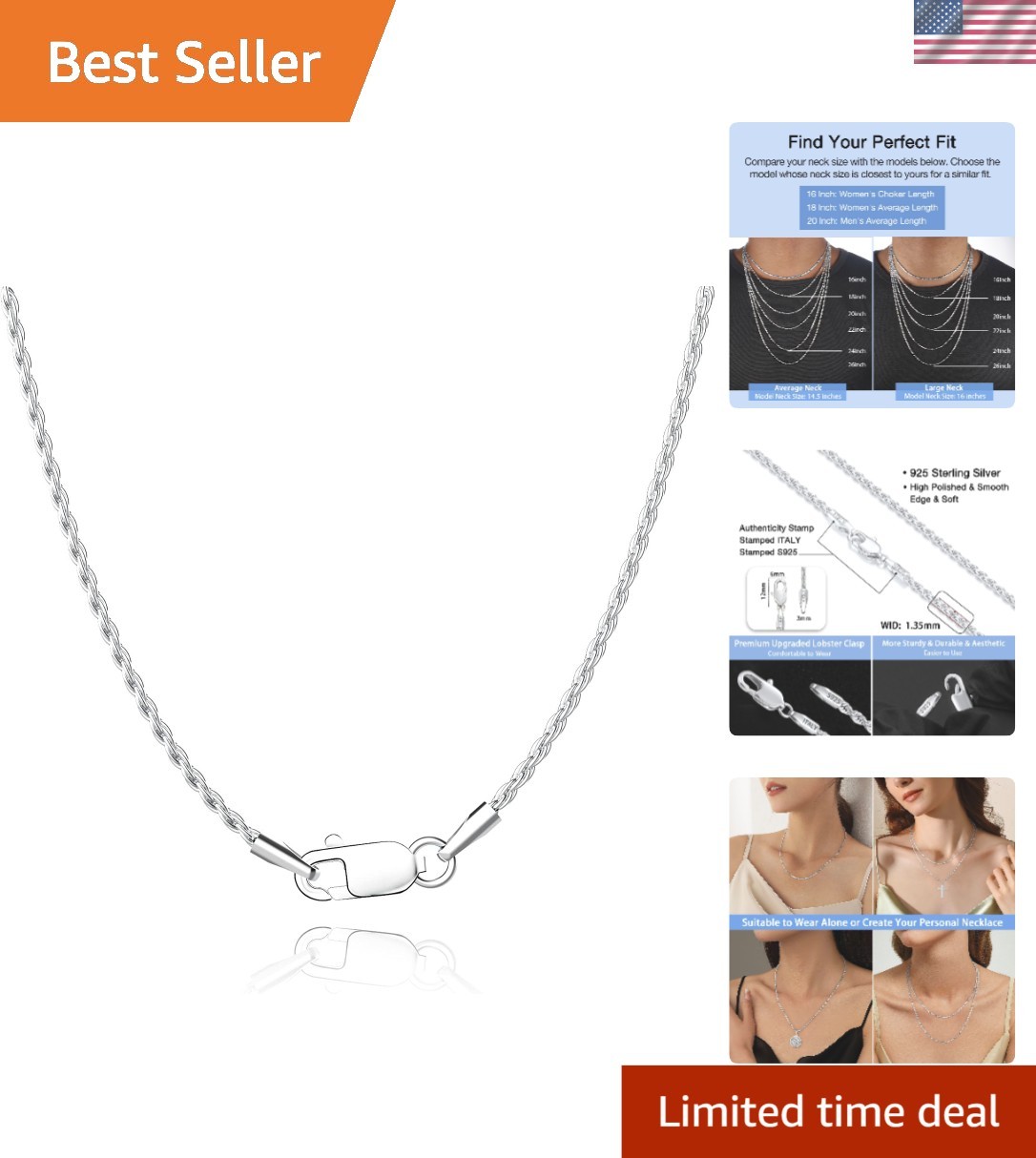 Elegant 18K Gold Plated 925 Sterling Silver Rope Chain Necklace – 16 to 26 Inch