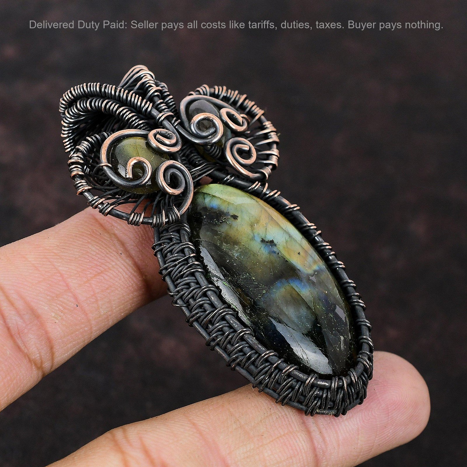 Copper Oval Natural Labradorite Handcrafted Birthday Wire Wrapped Wife Pendant