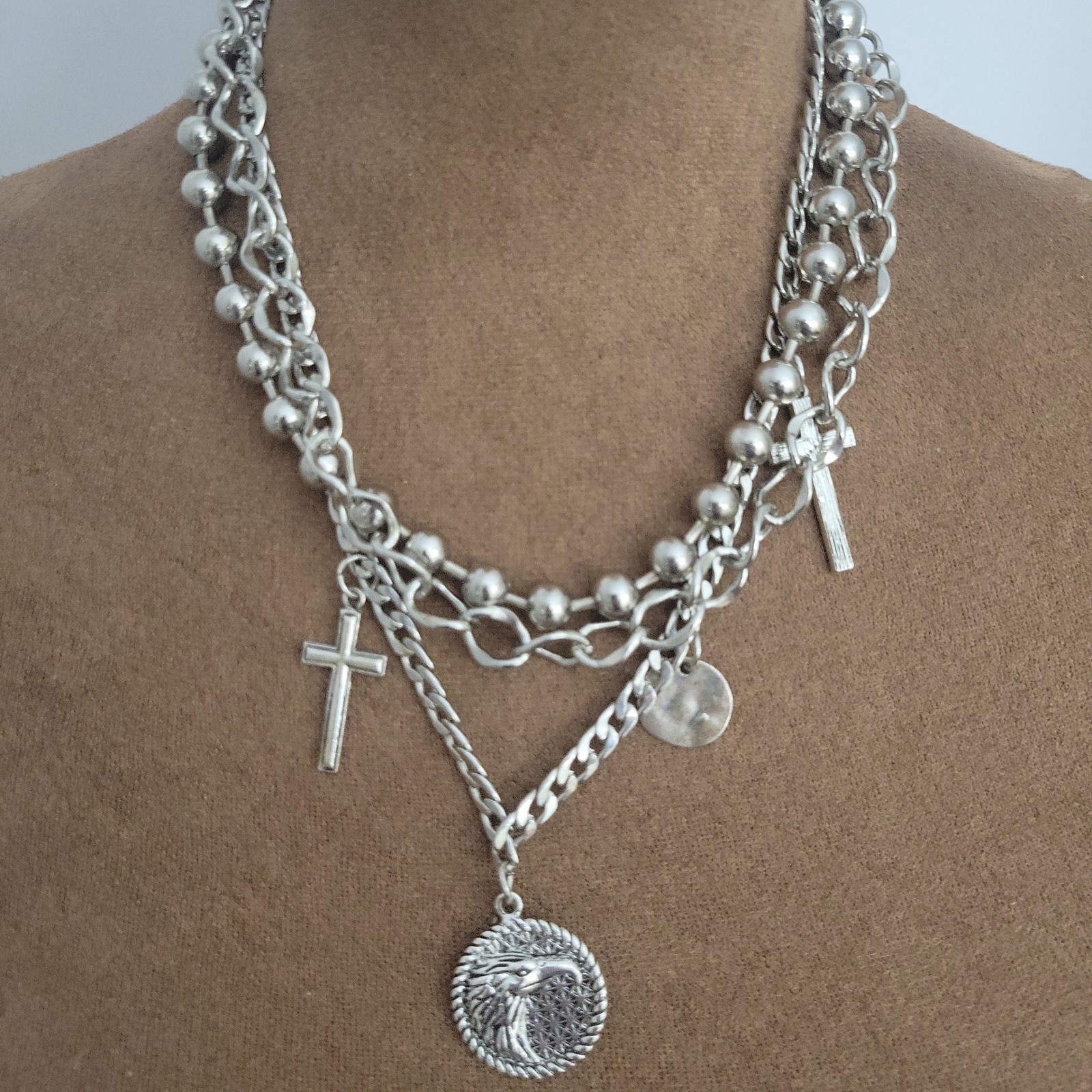 Silver Layered Charm Necklace Cross Eagle Medallion Chunky Chain One Size Grunge