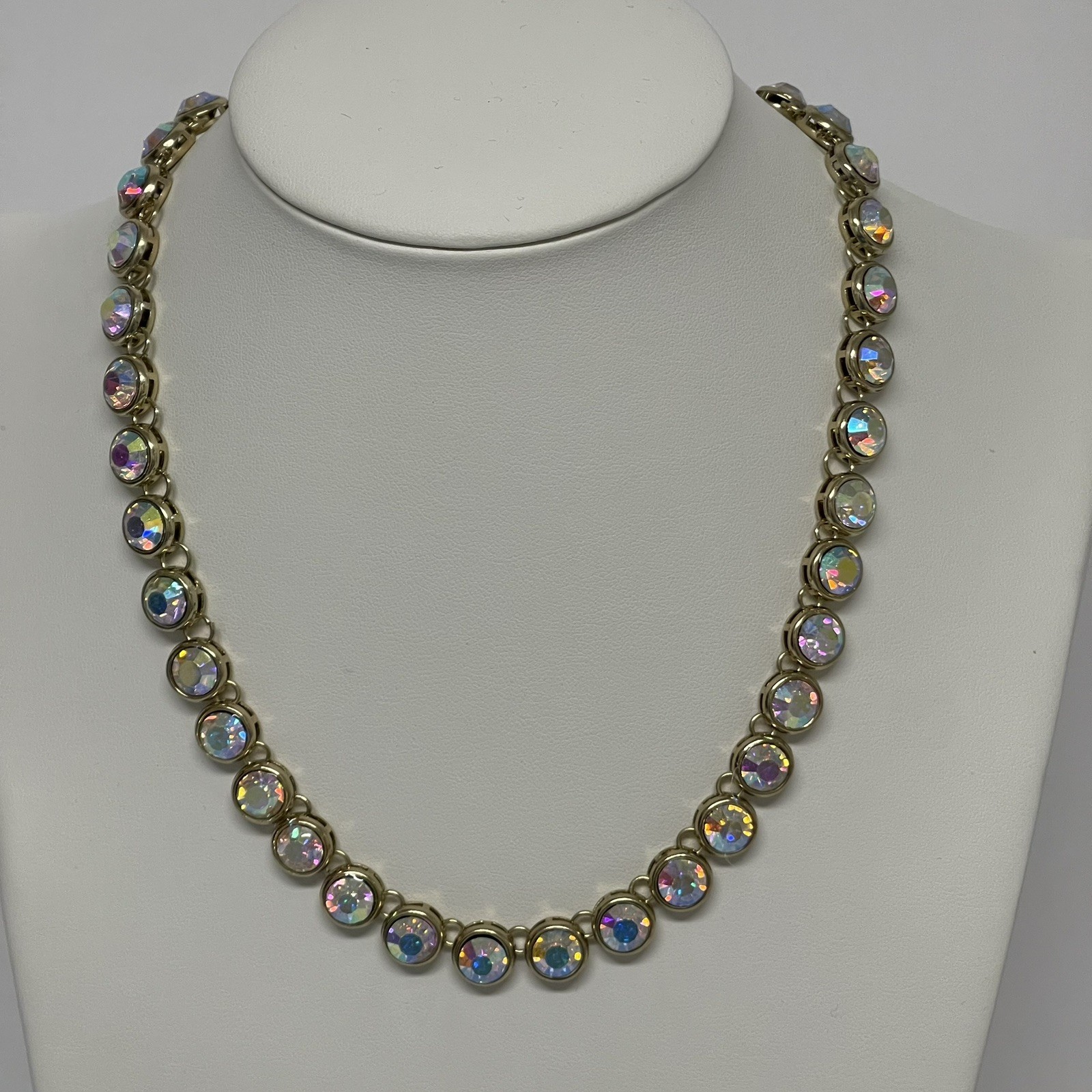 Claire’s Gold Tone Iridescent Aurora Borealis Rhinestone Necklace 16″ w/4″ ext.