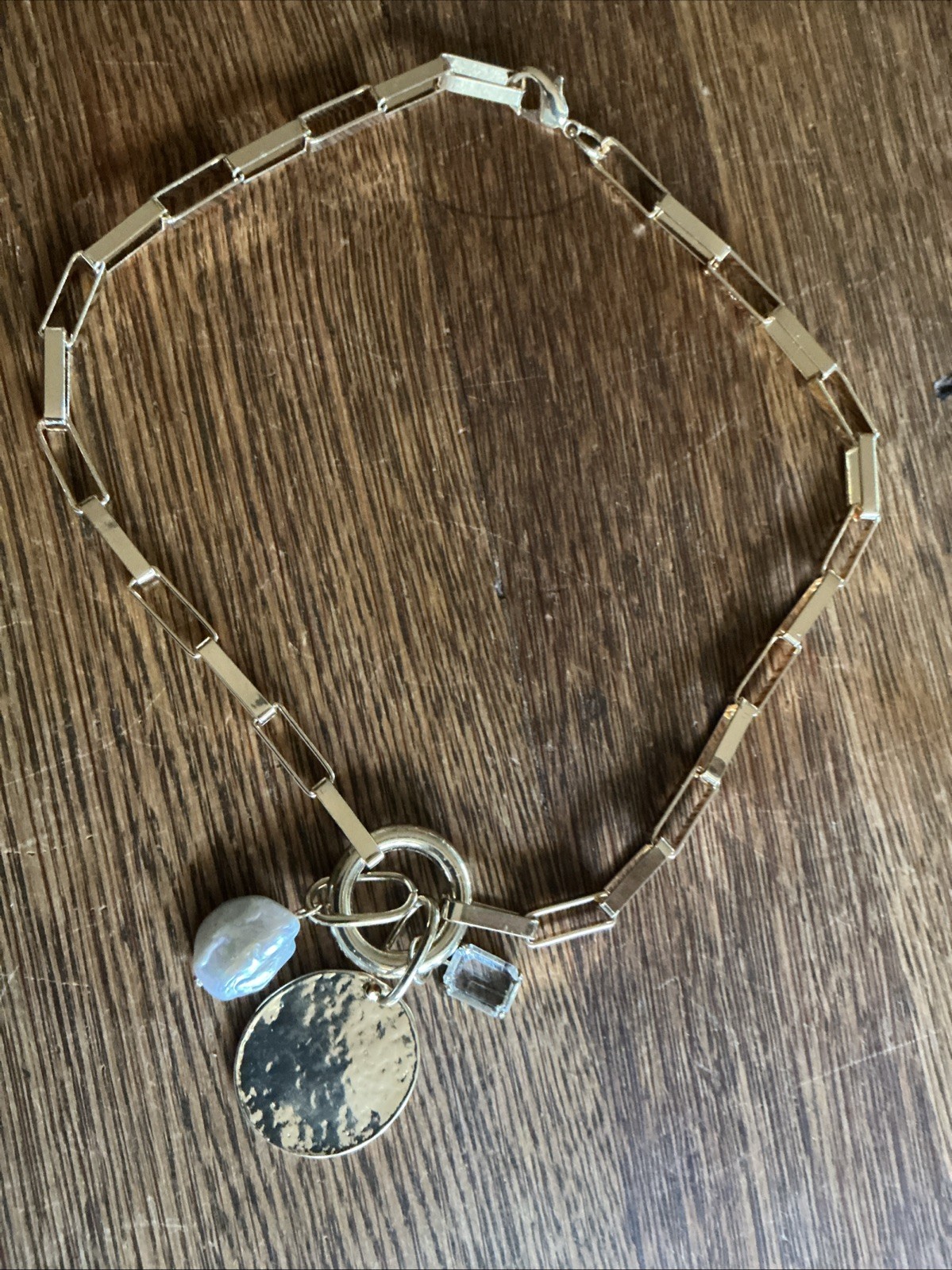 Vintage Gold Metal Pendant Necklace With Freshwater Pearl And Emerald Cut Glass