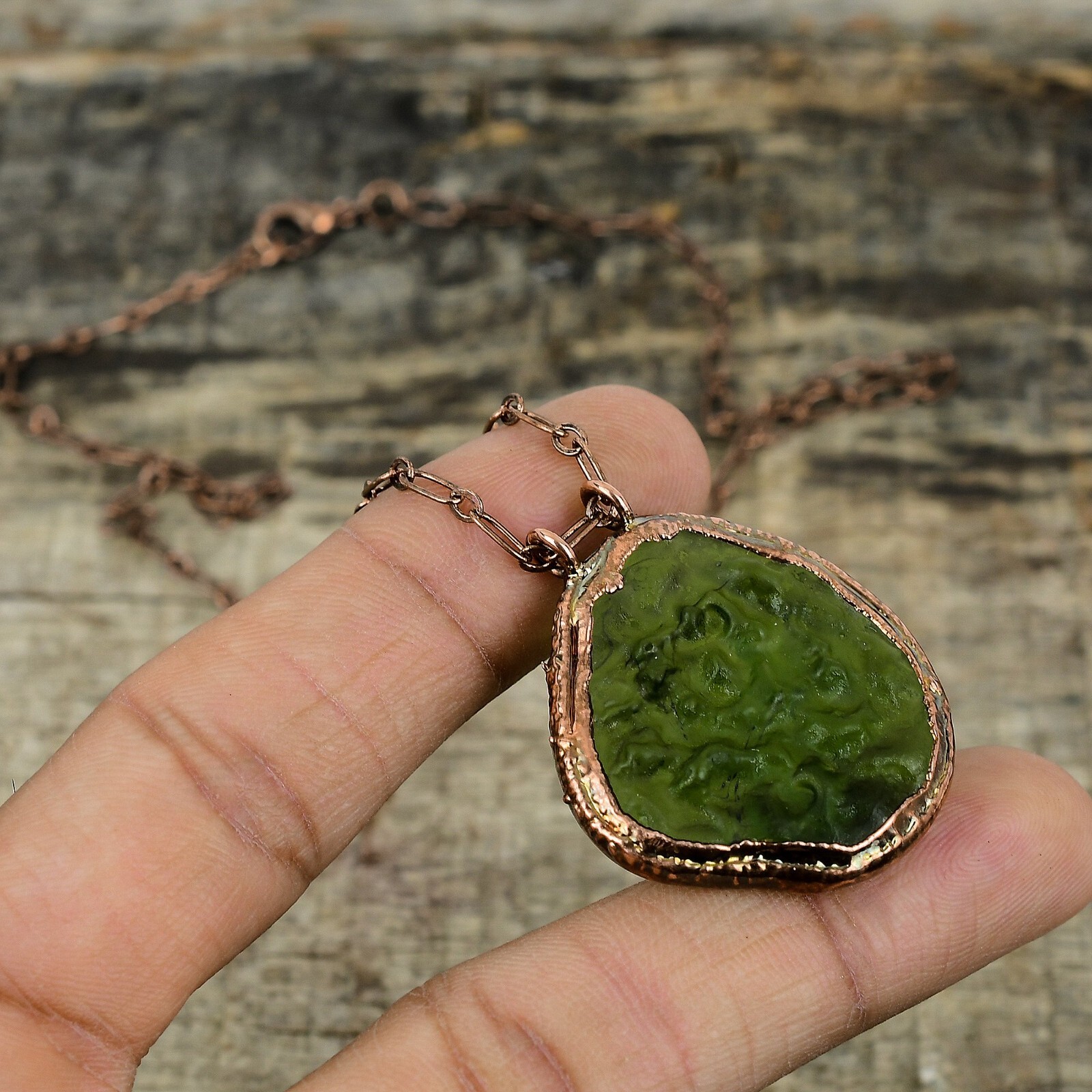 Moldavite Gemstone Electroformed Pendant Copper Handmade Jewelry For Women 1.65″