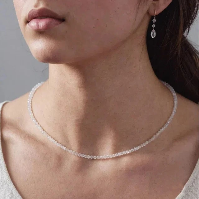 Natural Clear Quartz Necklace Tiny 2mm Faceted Beaded Choker Healing Dainty Boho