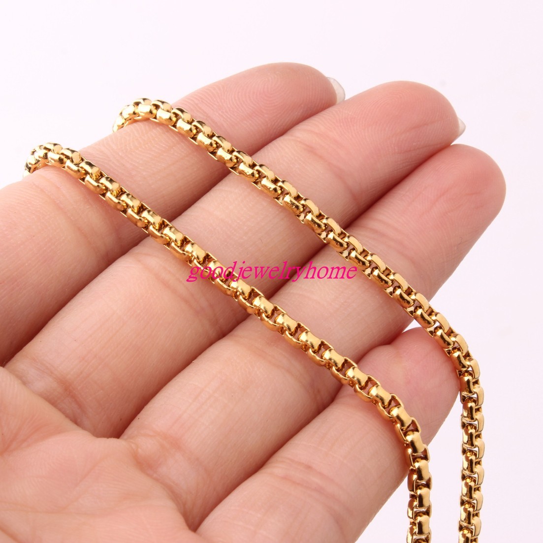 2/3/4/5/7MM Gold Plated Stainless Steel Rolo Box Chains Necklace Bangle 7″-40″