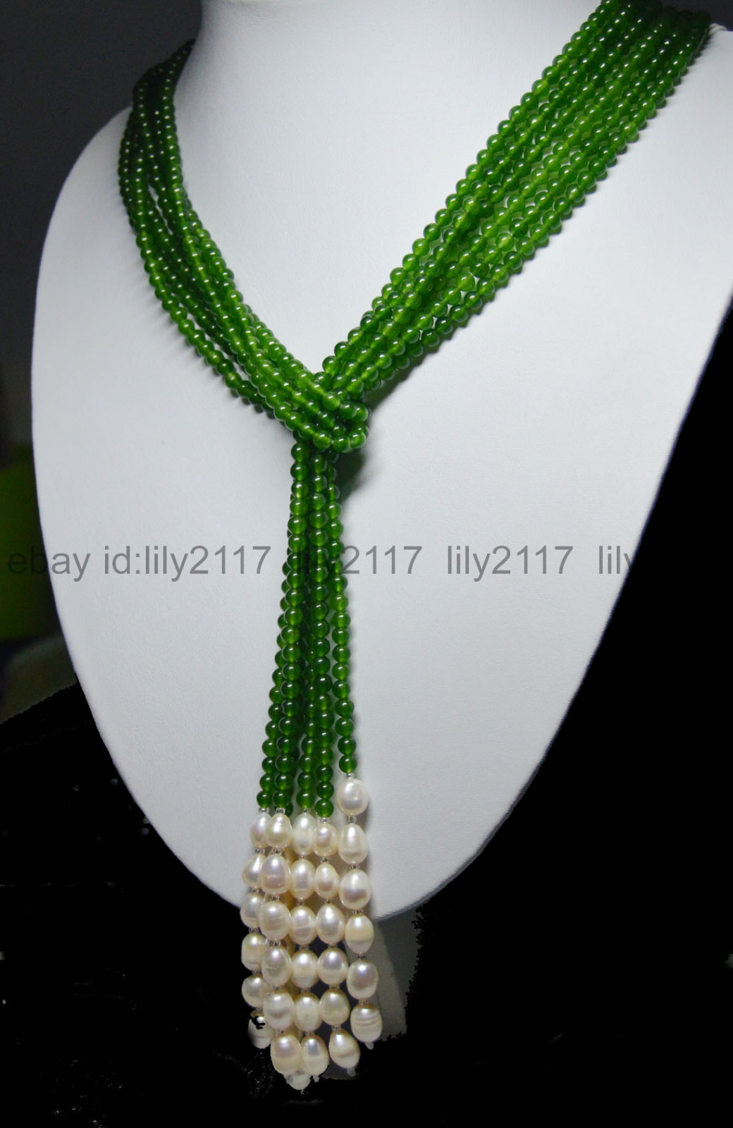 Charming 50″ 3 Strands 4mm Dark Green Jade Round Beads White Pearl Necklace
