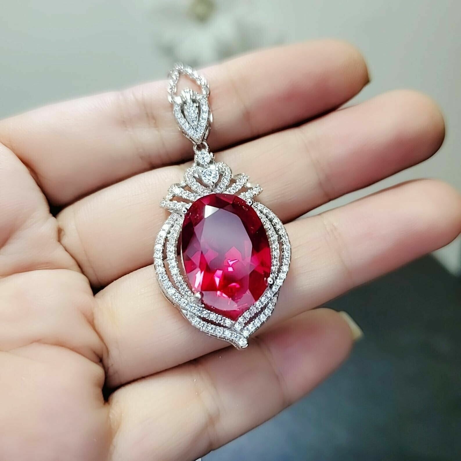 2Ct Oval Cut Simulated Pink Ruby Stunning Women’s Pendant 14K White Gold Plated