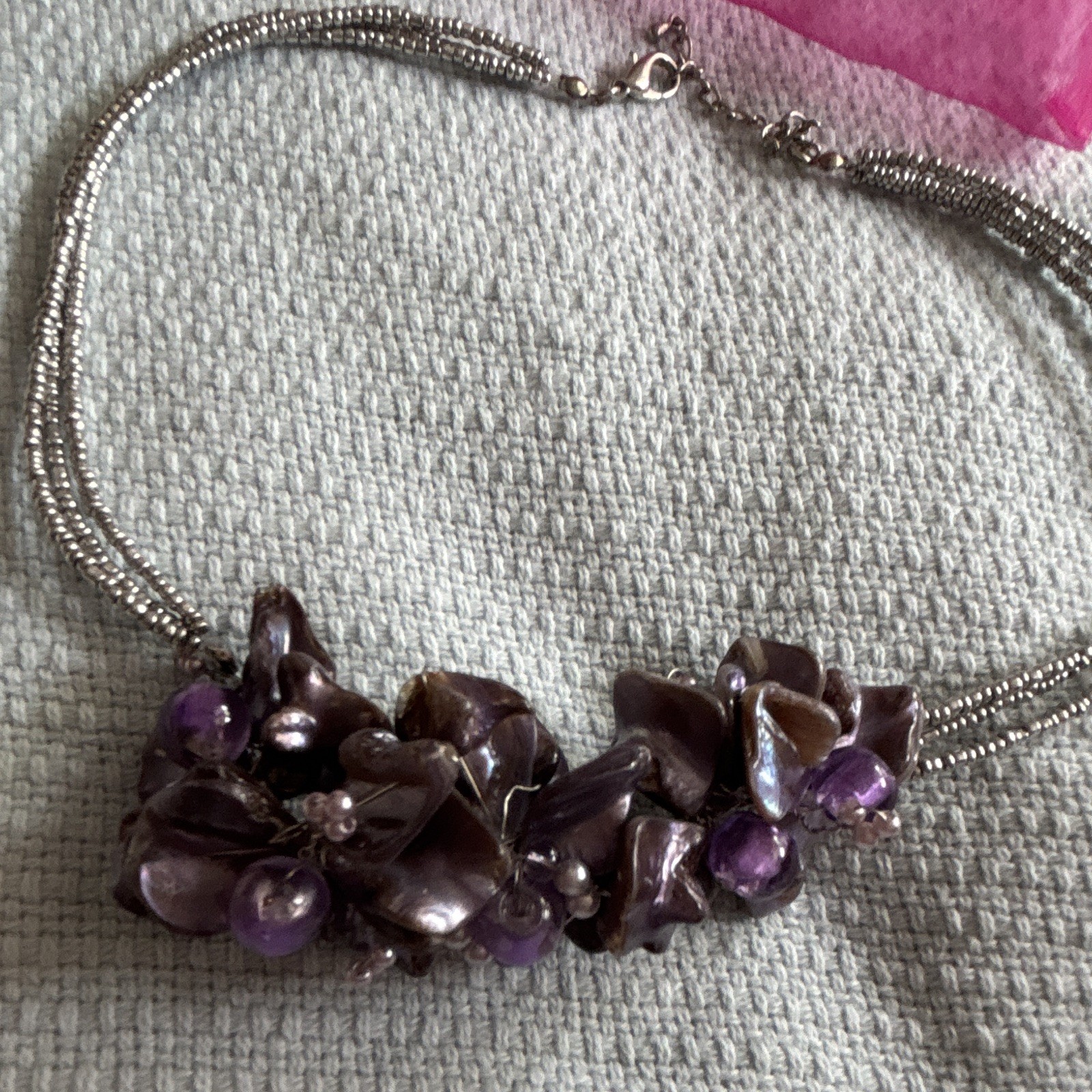 Silver Tone Multi-Strand Purple Beaded Necklace Amethyst Pearl Cluster Lobster