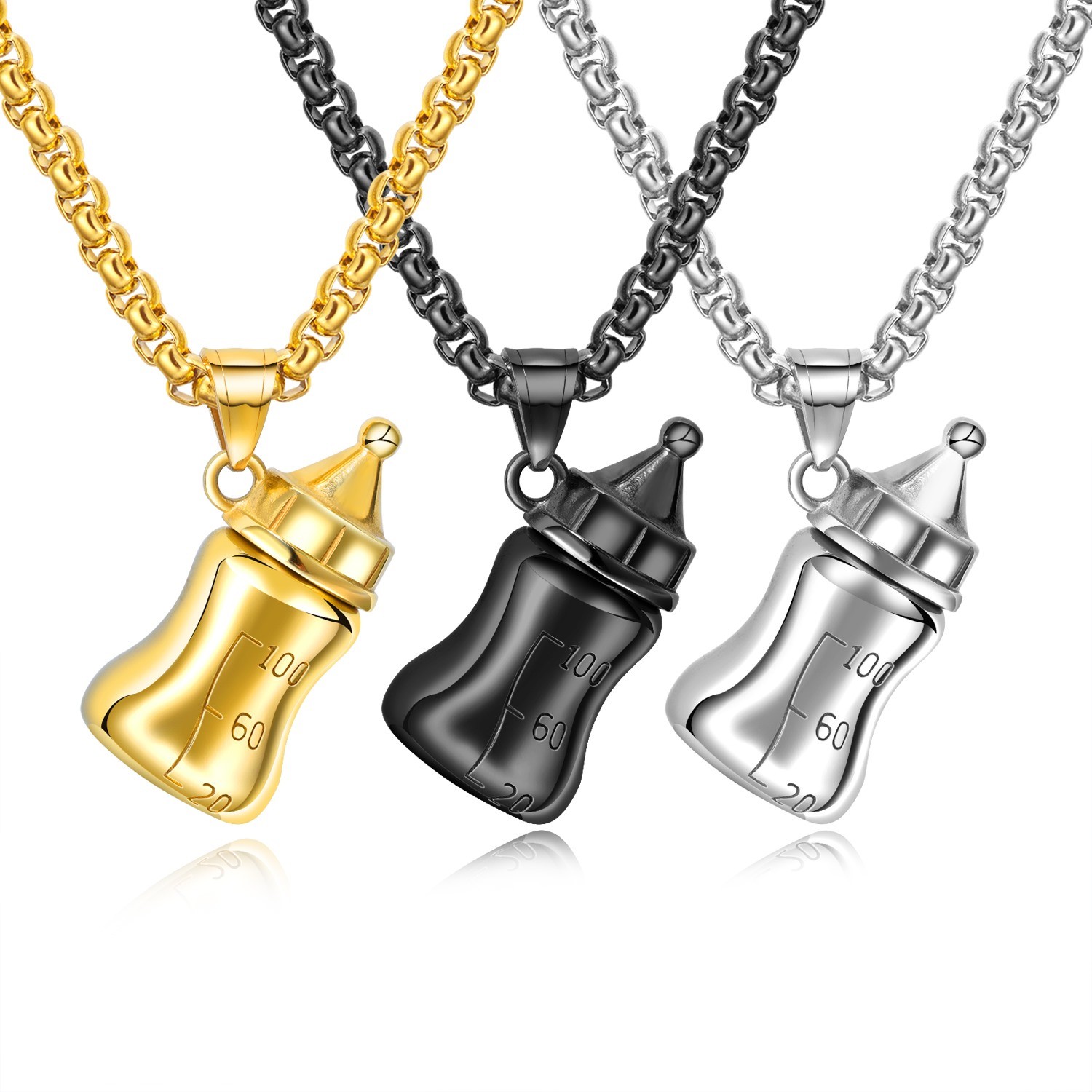 Stainless Steel 3D Baby Feeding Bottle (Unscrews) Capsule Pendant & Necklace