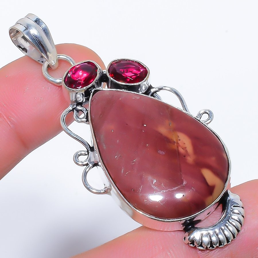 Natural Red Jasper & Rubellite 925 Silver Plated Jewelry Pendant 2.5″ S2718