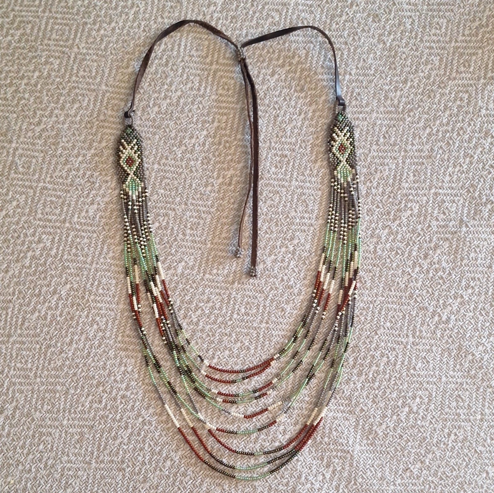 Handmade Southwest Bead Necklace With Adjustable Leather Straps – Never Worn