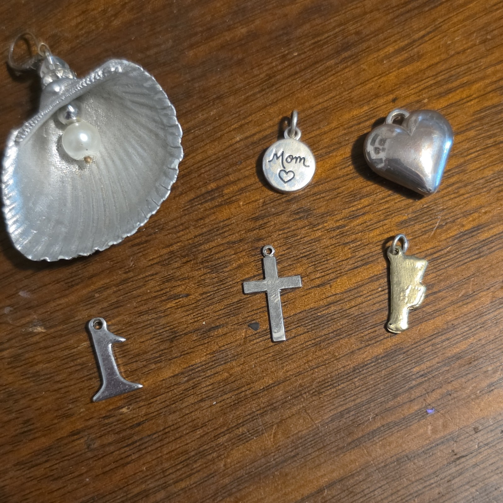 Mixed Charm Pendant Lot Silver Tone Metal Shell Pearl Crystal Heart Cross Mom