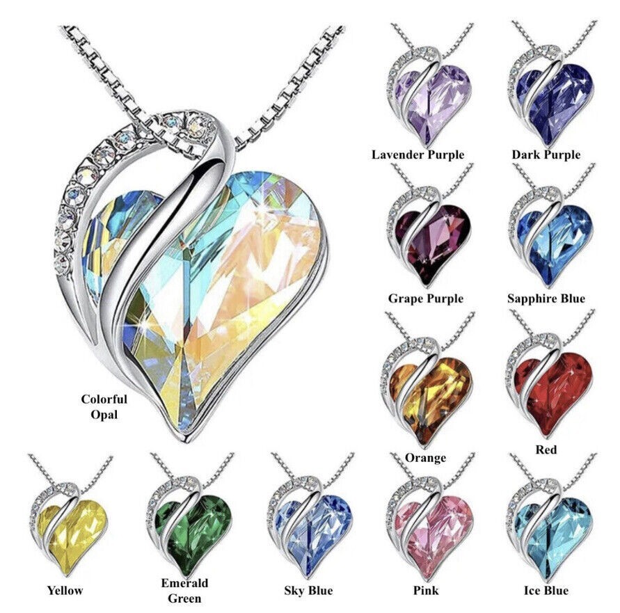 Birthstone Crystal Heart Shape Pendants Stainless Steel Necklace Women Girls
