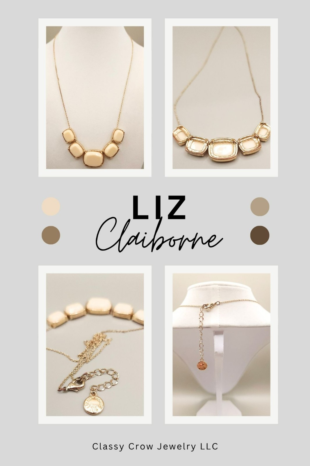 Y2K Liz Claiborne Gold Tone Picture Frame Cream Resin Station Necklace 18″