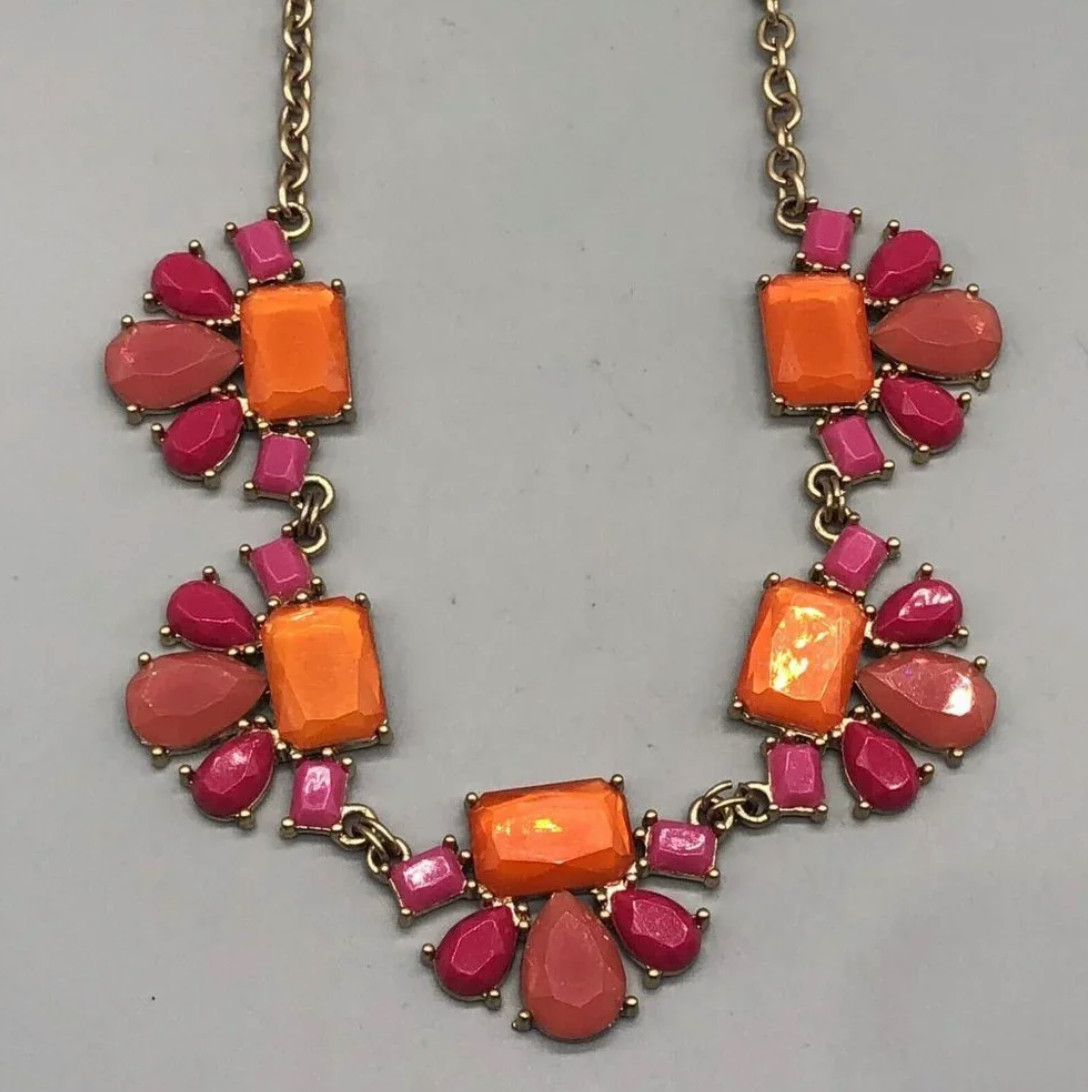 Premier Designs Garden Party Statement Necklace Gold Tone Pink Orange Summer NEW
