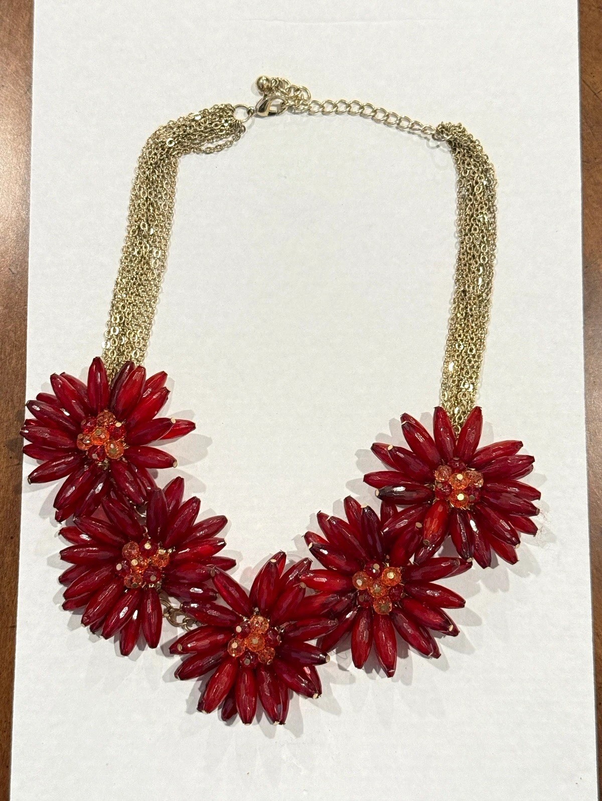 Red Flower Statement Bib Necklace Gold Tone Chain Floral Pendant