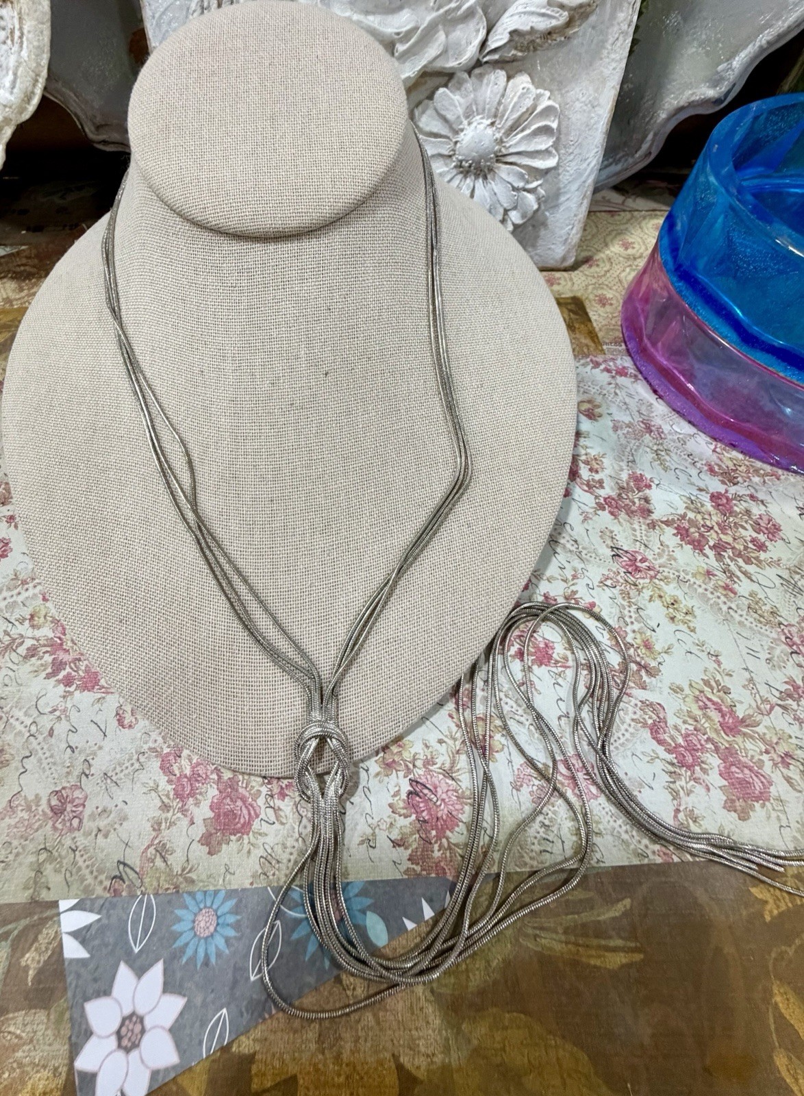 Silver-Tone Multiple Strand Y Style Knot Necklace, Layering Necklace