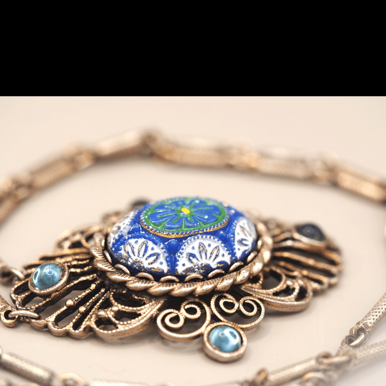 Vintage Blue Art Glass Filigree Pendant Necklace Antique Gold Tone