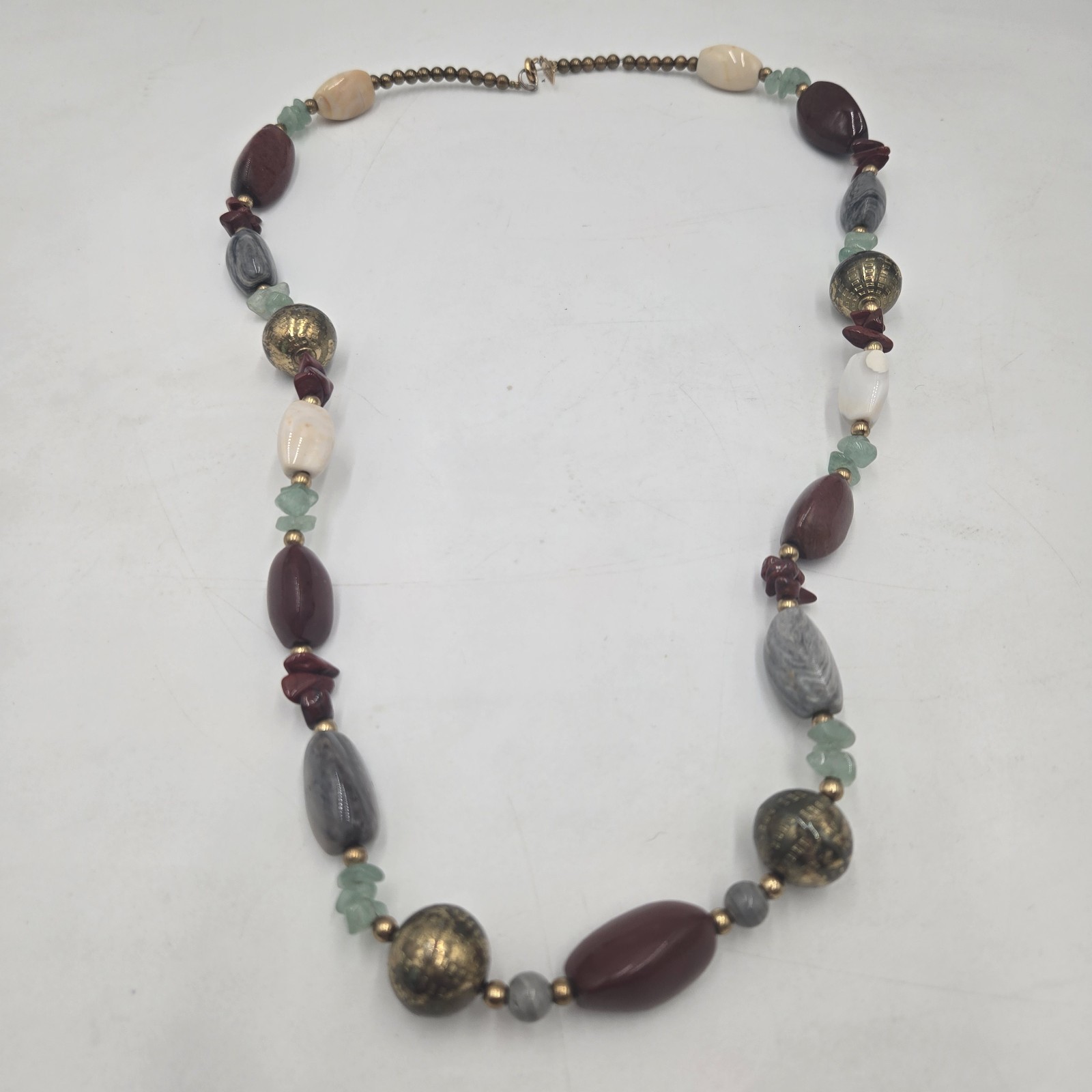 KARLA JORDAN Boho Multi Gemstone Agate Jasper Necklace 24″ Brass Detail