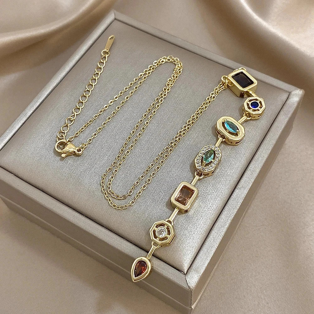 Vintage Geometric Colorful Zircon Long Pendant Necklace for Women Gold Plated