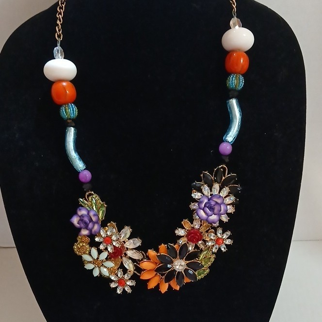 Multicolor Beaded Original Statement Flower Necklace Floral Crystal Accents 1of1