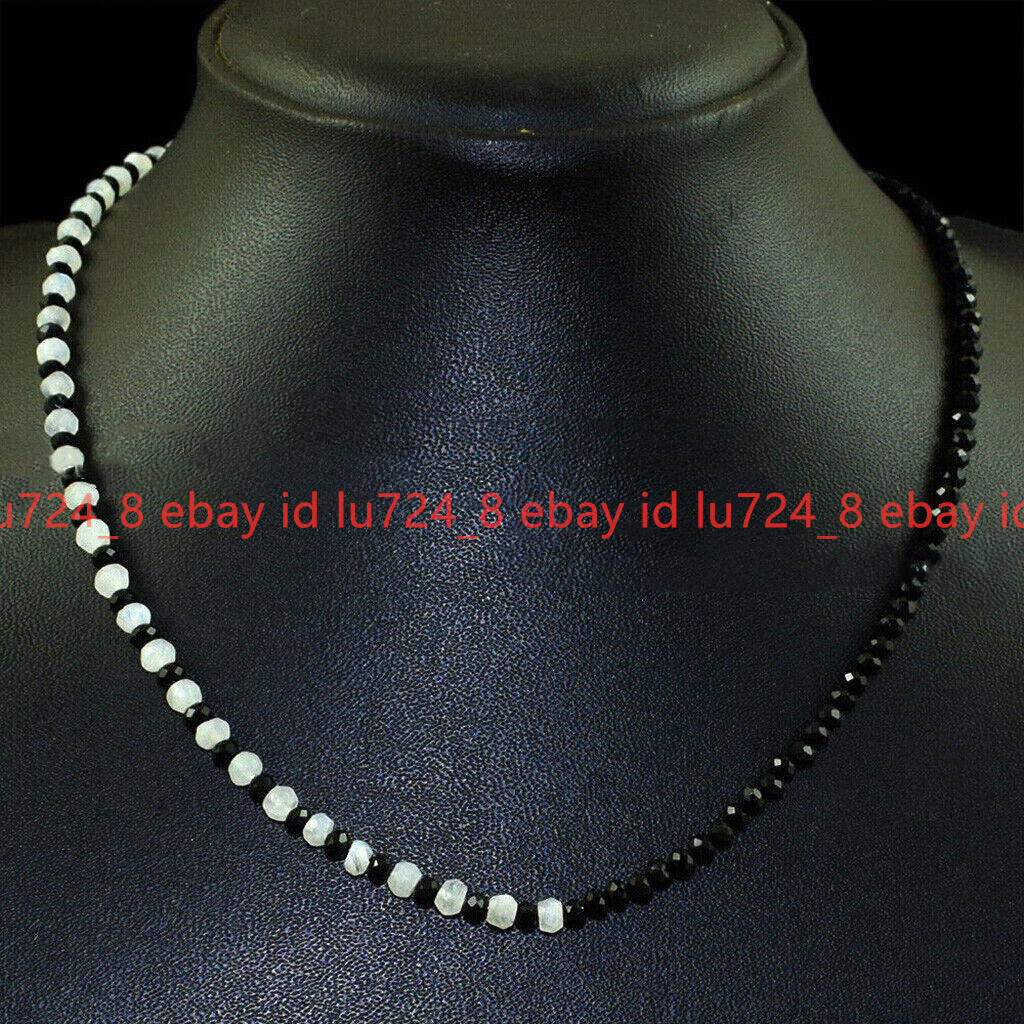 Faceted 3mm Round Black Spinel & 2x4mm Rondelle White Jade Gems Necklace 18” AA