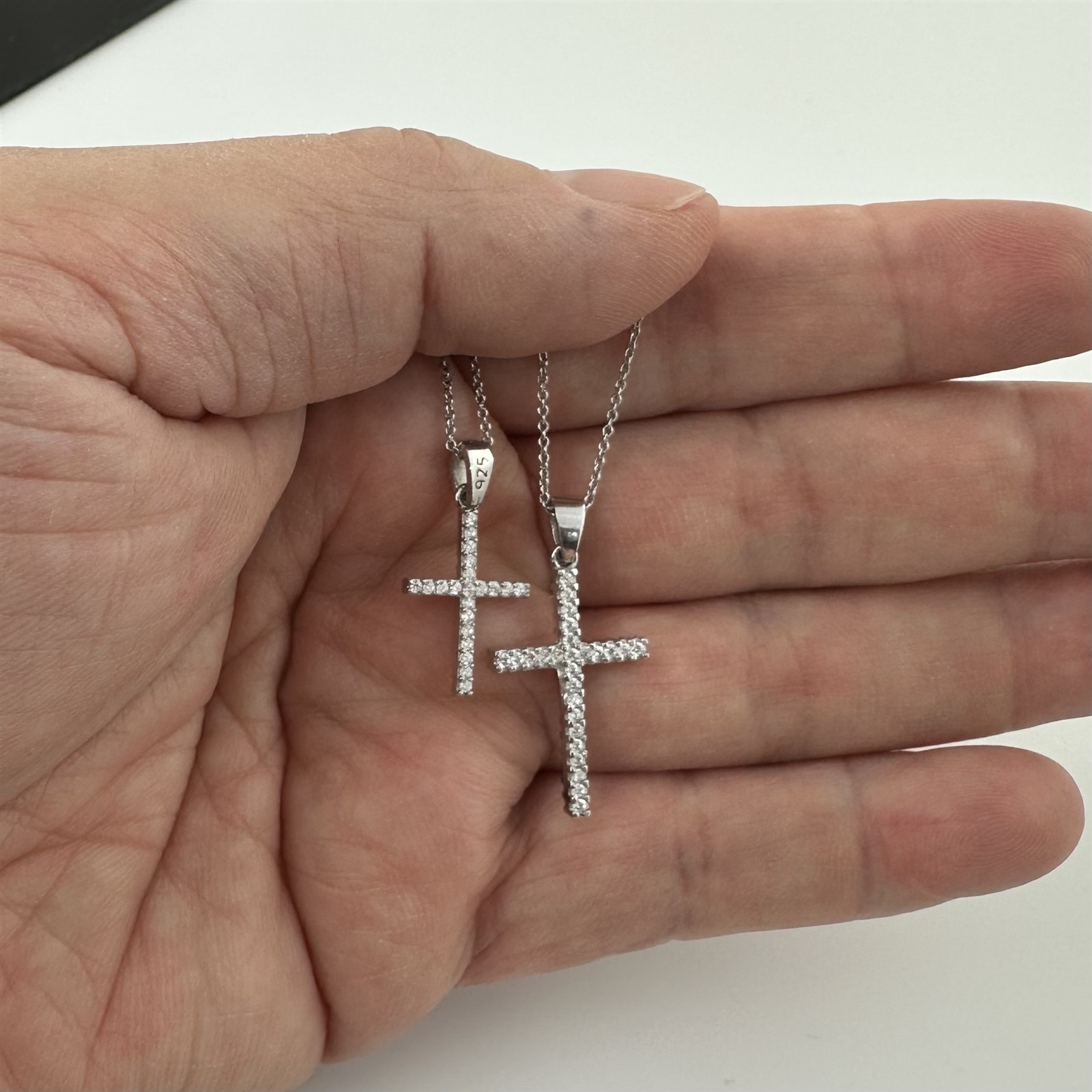 Real 925 Sterling Silver 2 Sided (Black & Clear) CZ Cross Charm Pendant 2 Sizes
