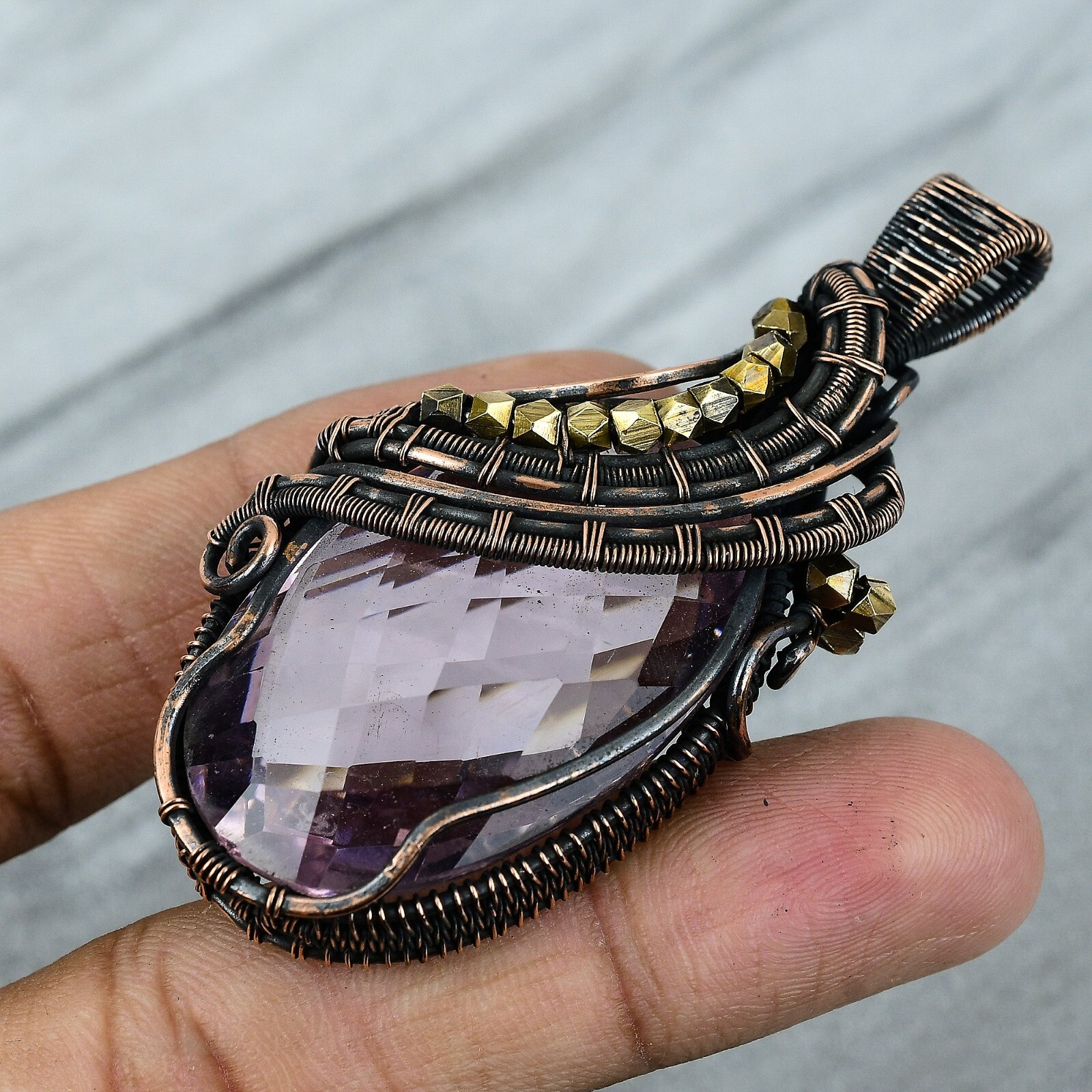 Wedding Gift For Her Copper Pink Kunzite Jewelry Wire Wrapped Pendant 2.87″