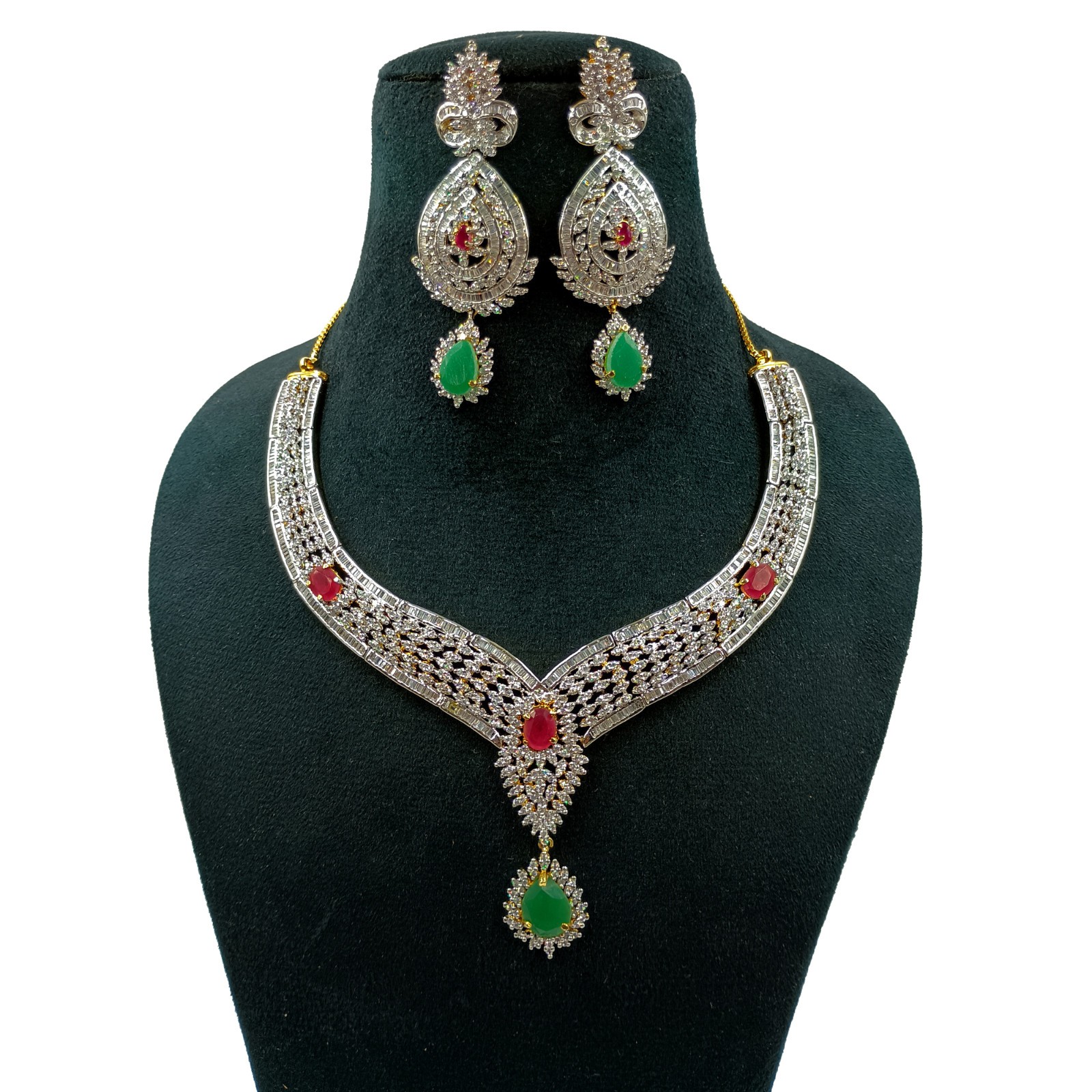 Traditional Emerald Ruby CZ Diamond Choker Necklace Set 22k Gold Plated
