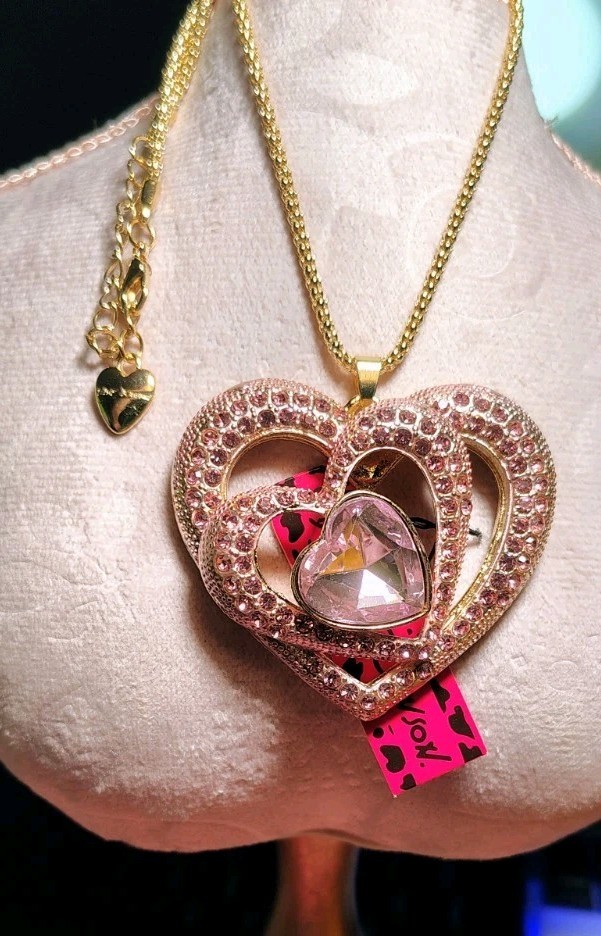 Betsey Johnson Enamel & Rhinestones Pink Triple Heart Shaped Necklace