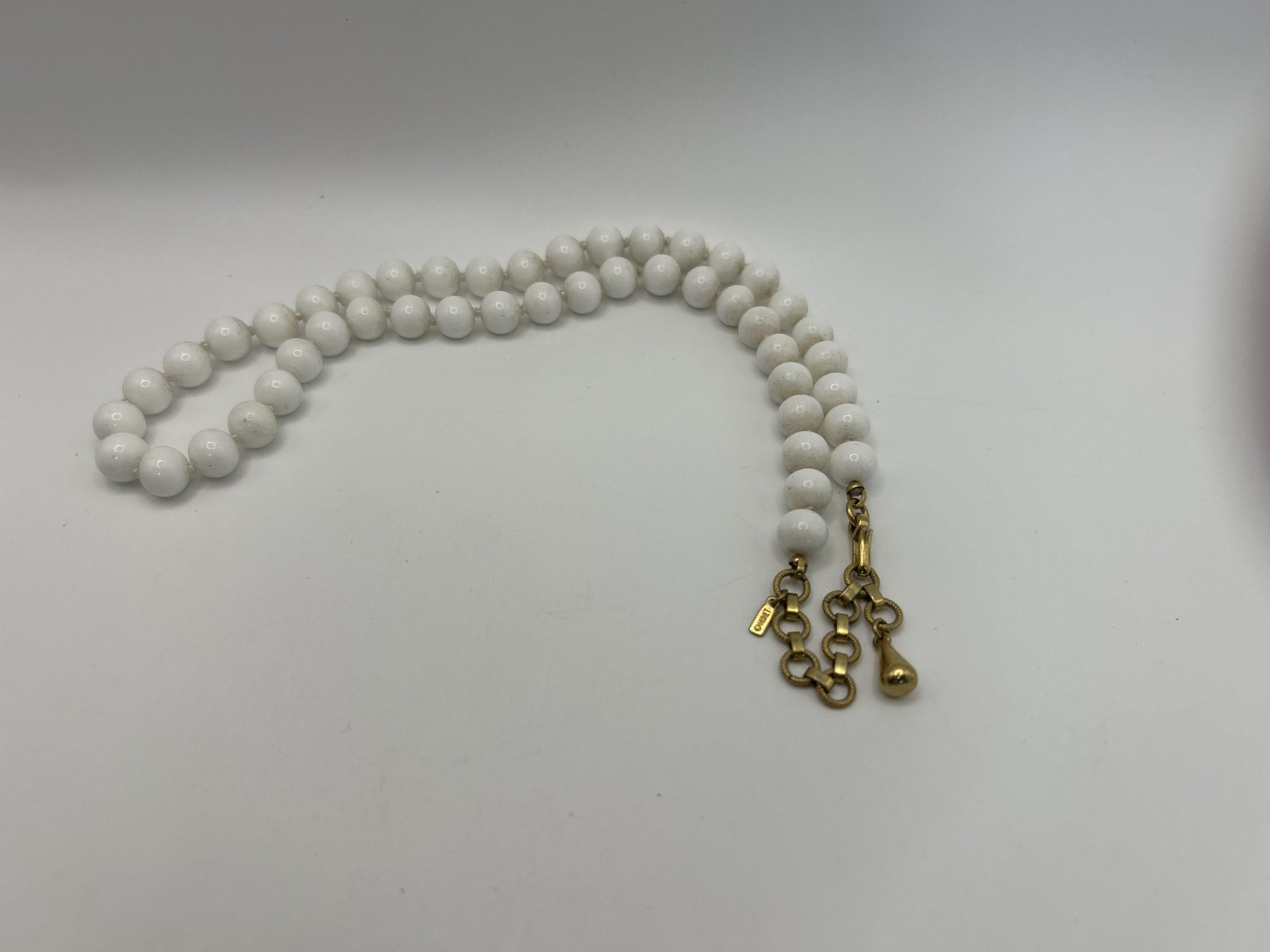 Monet Necklace White Beaded Strand Gold Tone Chain Hook Clasp 18 Inch Jewelry