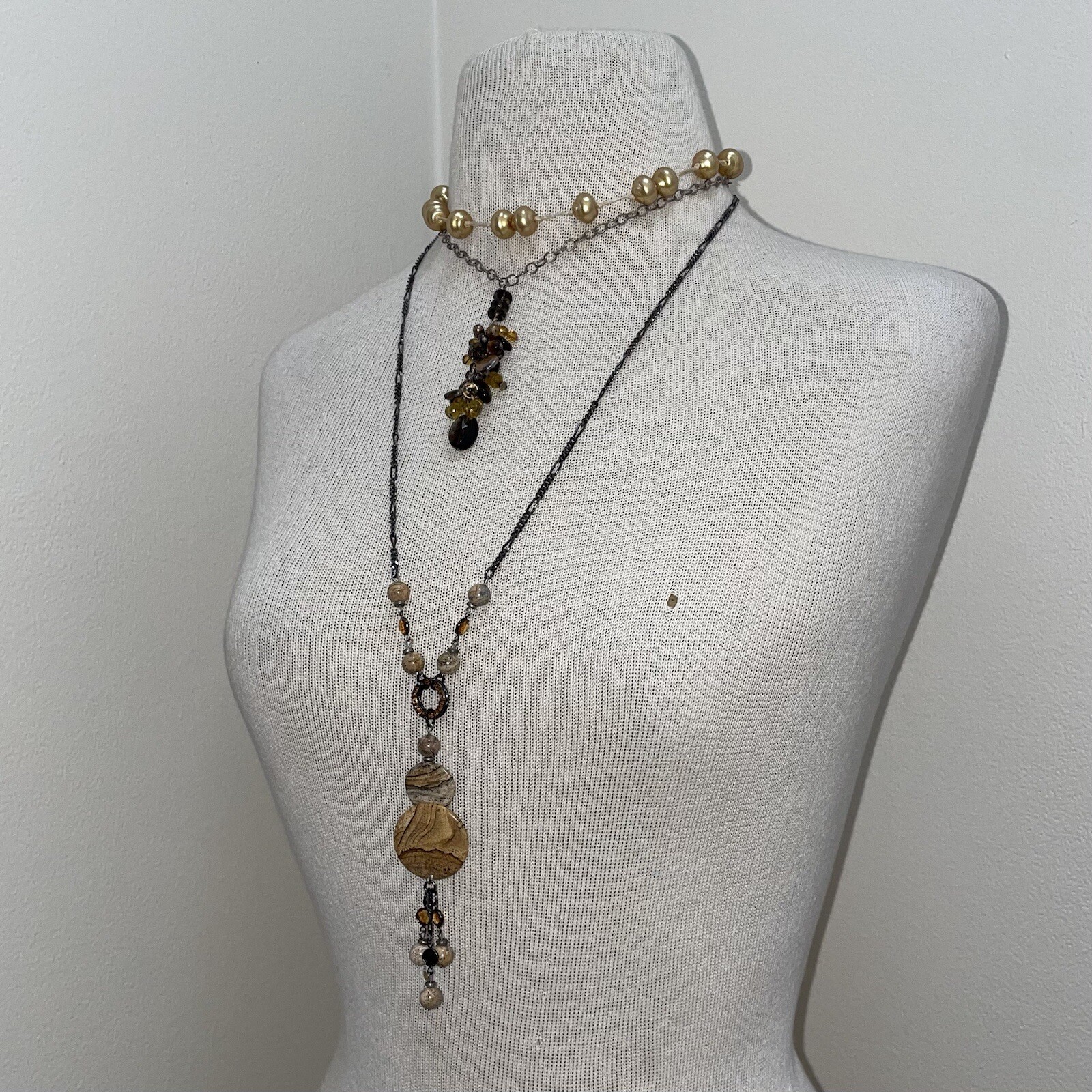 Set Of 3 Bohemian Western Gold/Brown Natural Stacked Necklaces