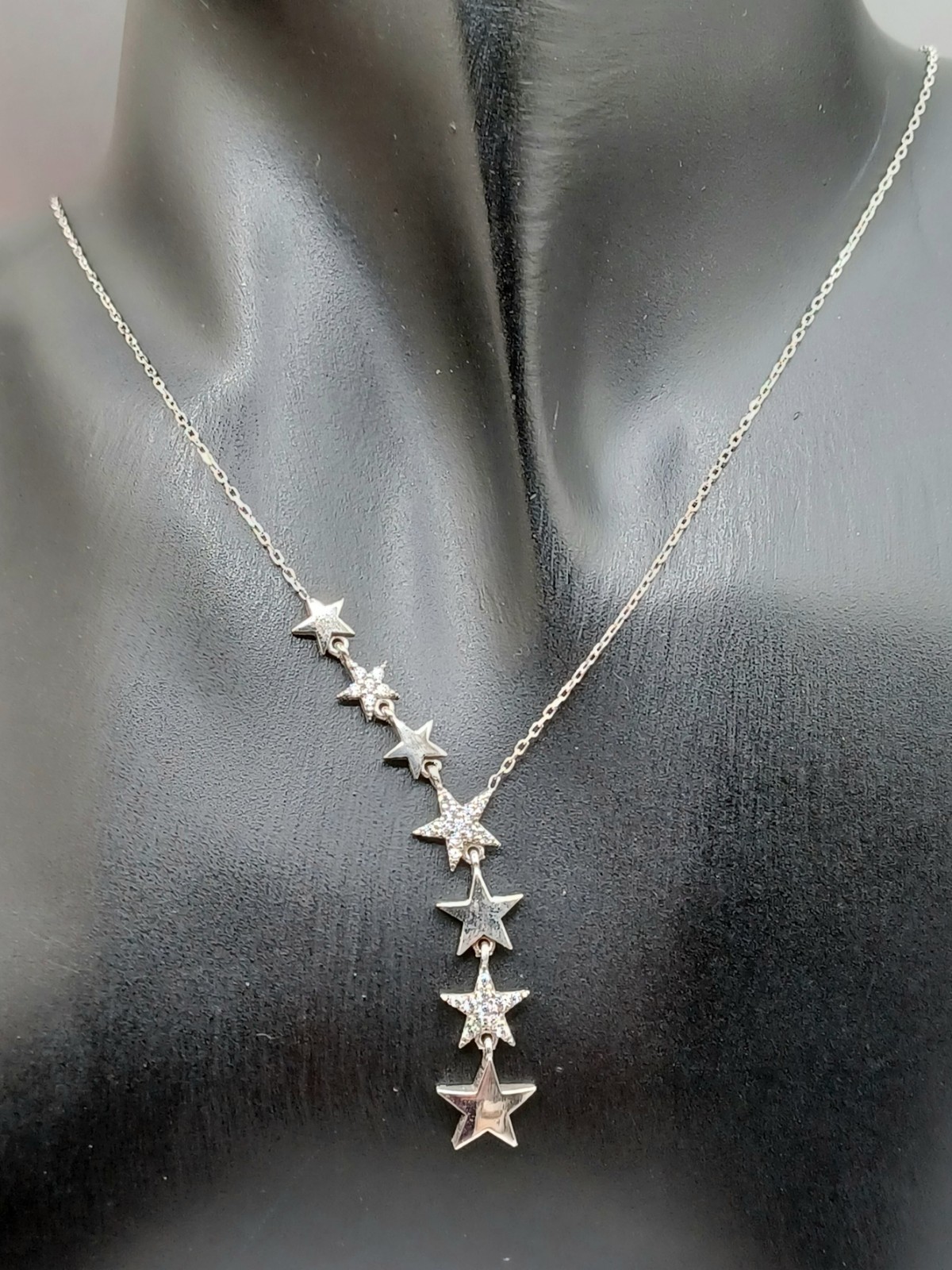 Sterling Silver Star Y-Drop Necklace Trail of 7 Stars 925 & Cubic Zirconia 18″