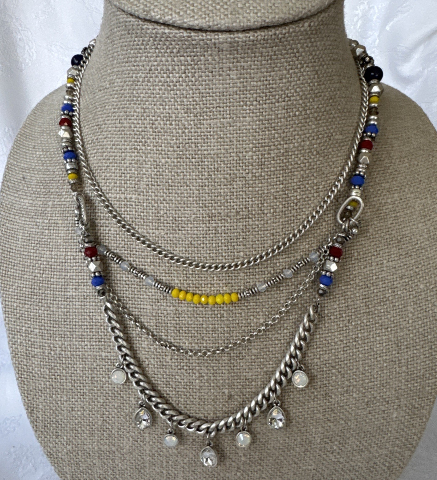 Cara NY SUMMER Chain Statement Necklace Layered CZ Yellow Blue Red NEW